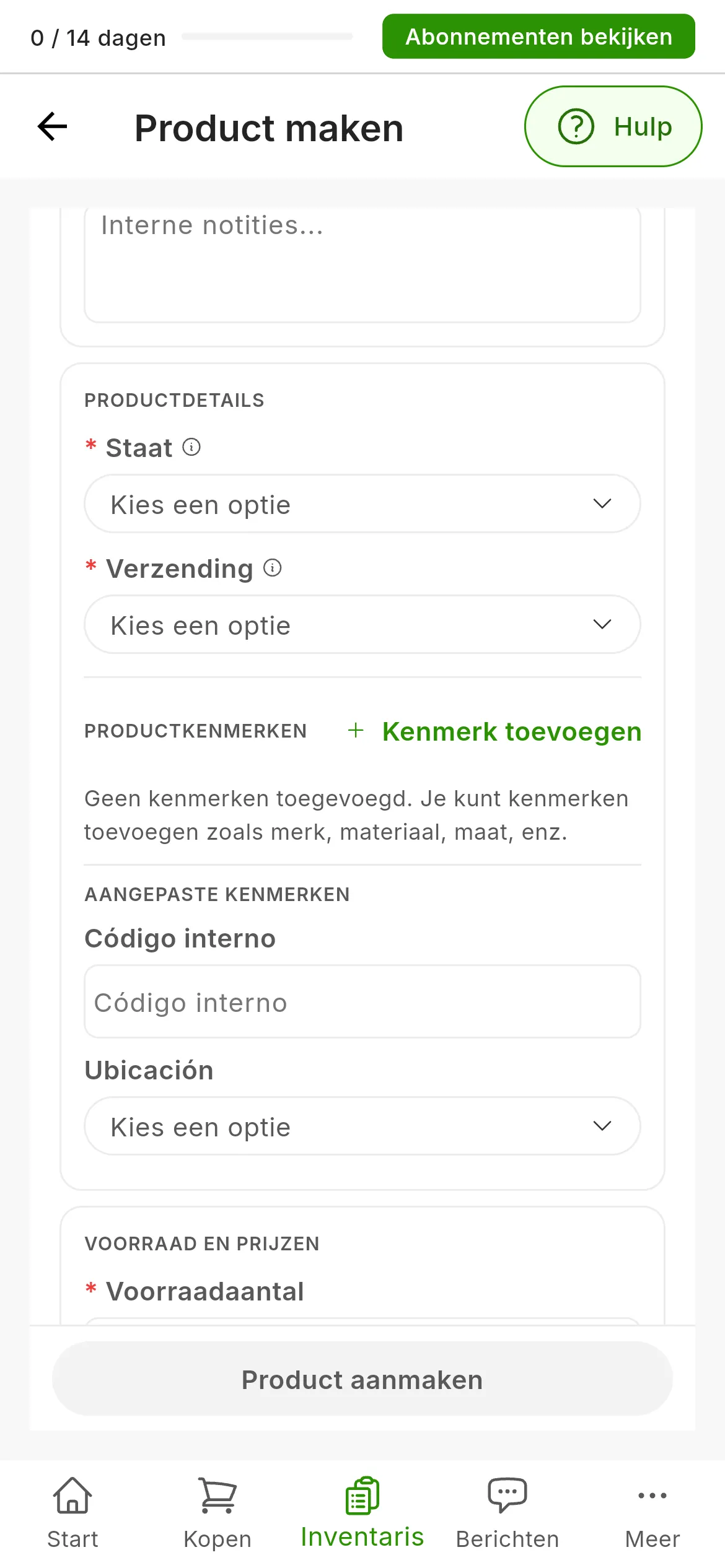 Het middelste deel van het formulier om een product aan te maken: PRODUCTDETAILS met Staat en Verzending, verplicht; PRODUCTKENMERKEN met de knop Kenmerk toevoegen; en AANGEPASTE KENMERKEN met Código interno en Ubicación