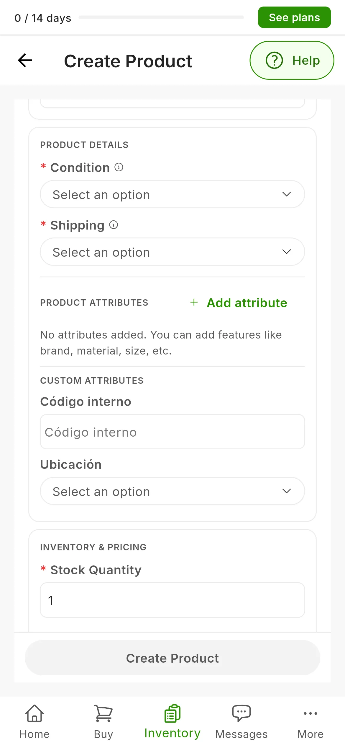 The middle of the create-product form: PRODUCT DETAILS with Condition and Shipping, both required; PRODUCT ATTRIBUTES with the Add attribute button; and CUSTOM ATTRIBUTES with Código interno and Ubicación
