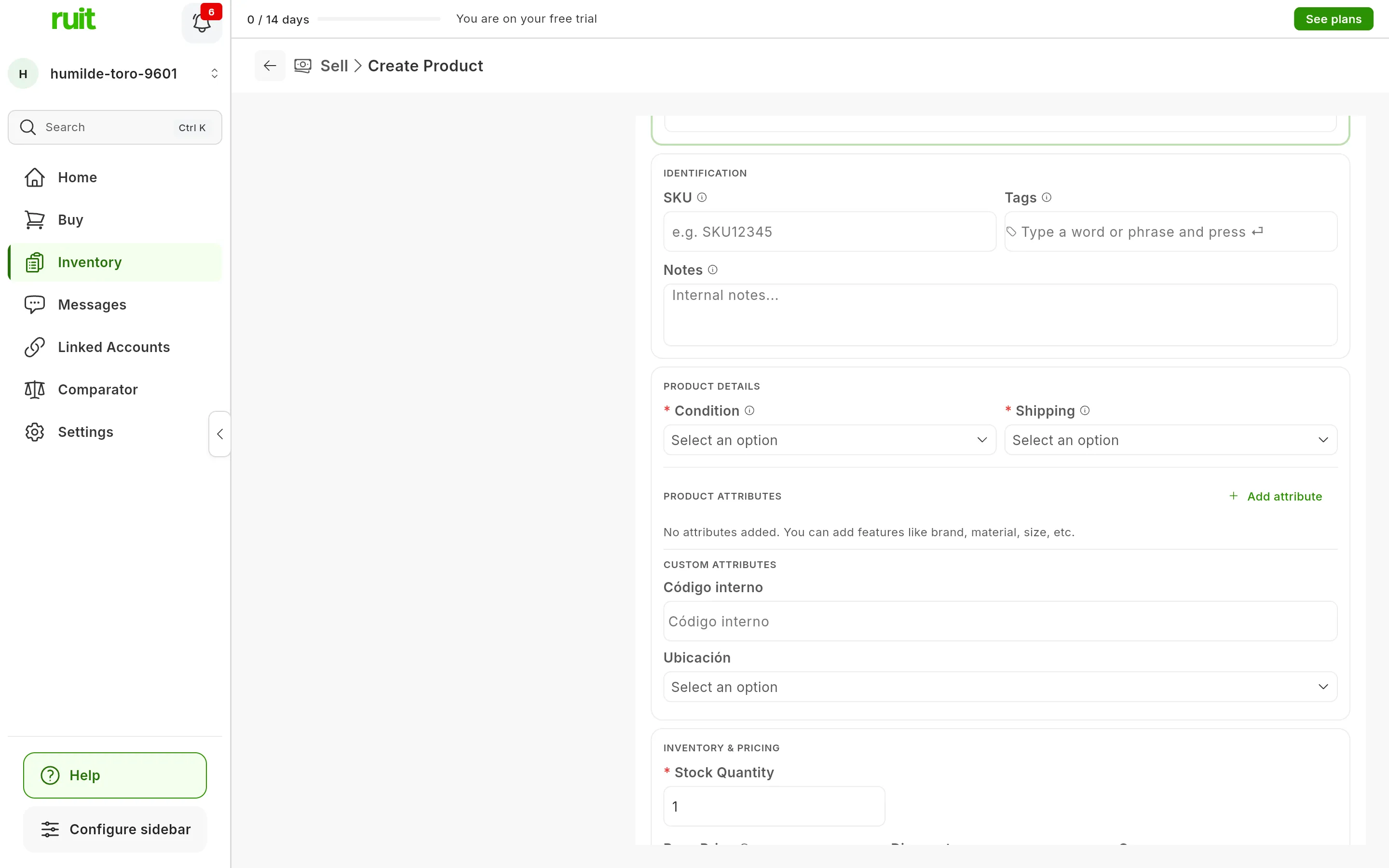 The middle of the create-product form: IDENTIFICATION with SKU, Tags and Notes; PRODUCT DETAILS with Condition and Shipping, both required; PRODUCT ATTRIBUTES with the Add attribute button; and CUSTOM ATTRIBUTES with Código interno and Ubicación
