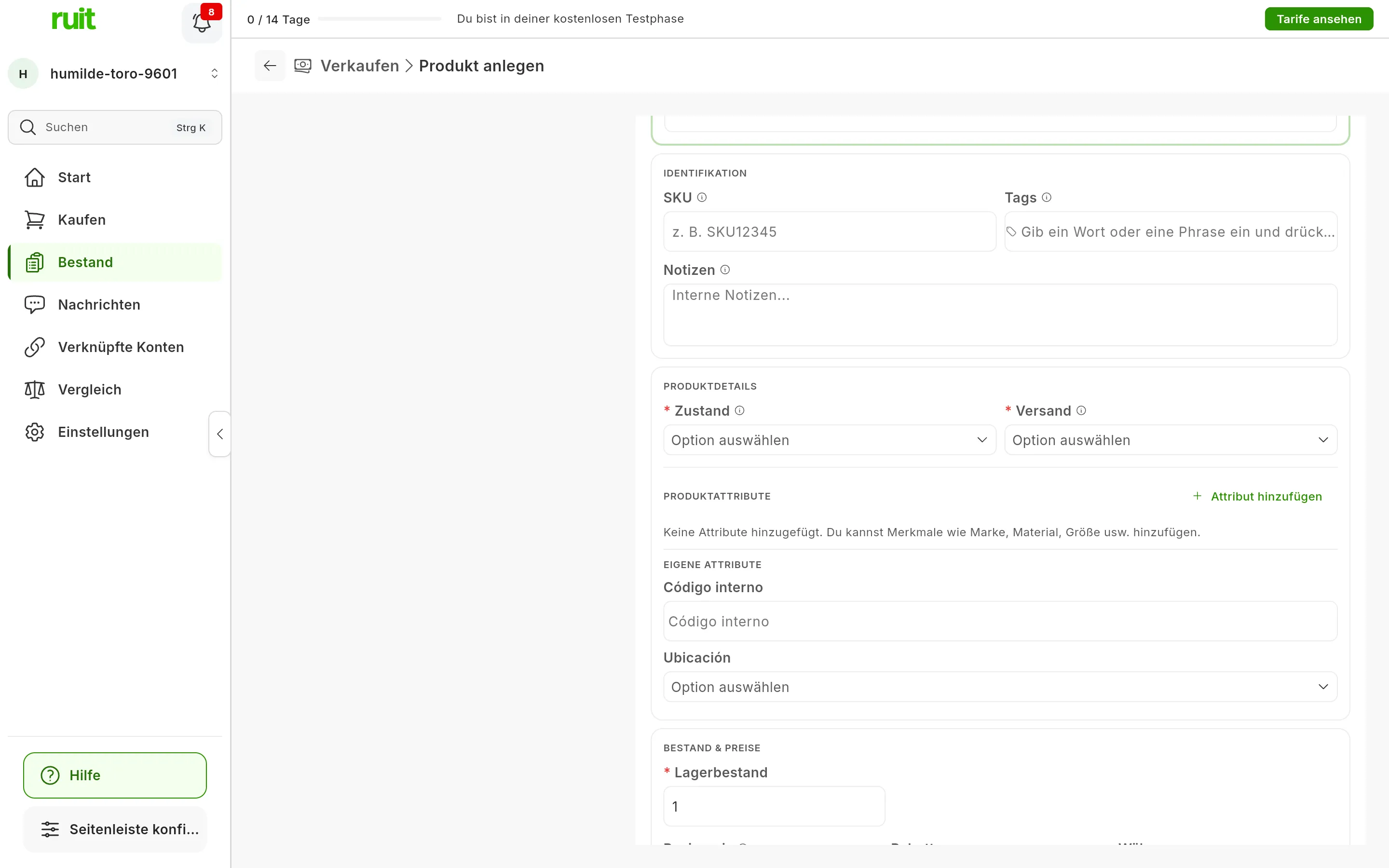 Der mittlere Teil des Formulars zum Anlegen eines Produkts: IDENTIFIKATION mit SKU, Tags und Notizen; PRODUKTDETAILS mit den Pflichtfeldern Zustand und Versand; PRODUKTATTRIBUTE mit der Schaltfläche Attribut hinzufügen; und EIGENE ATTRIBUTE mit Código interno und Ubicación