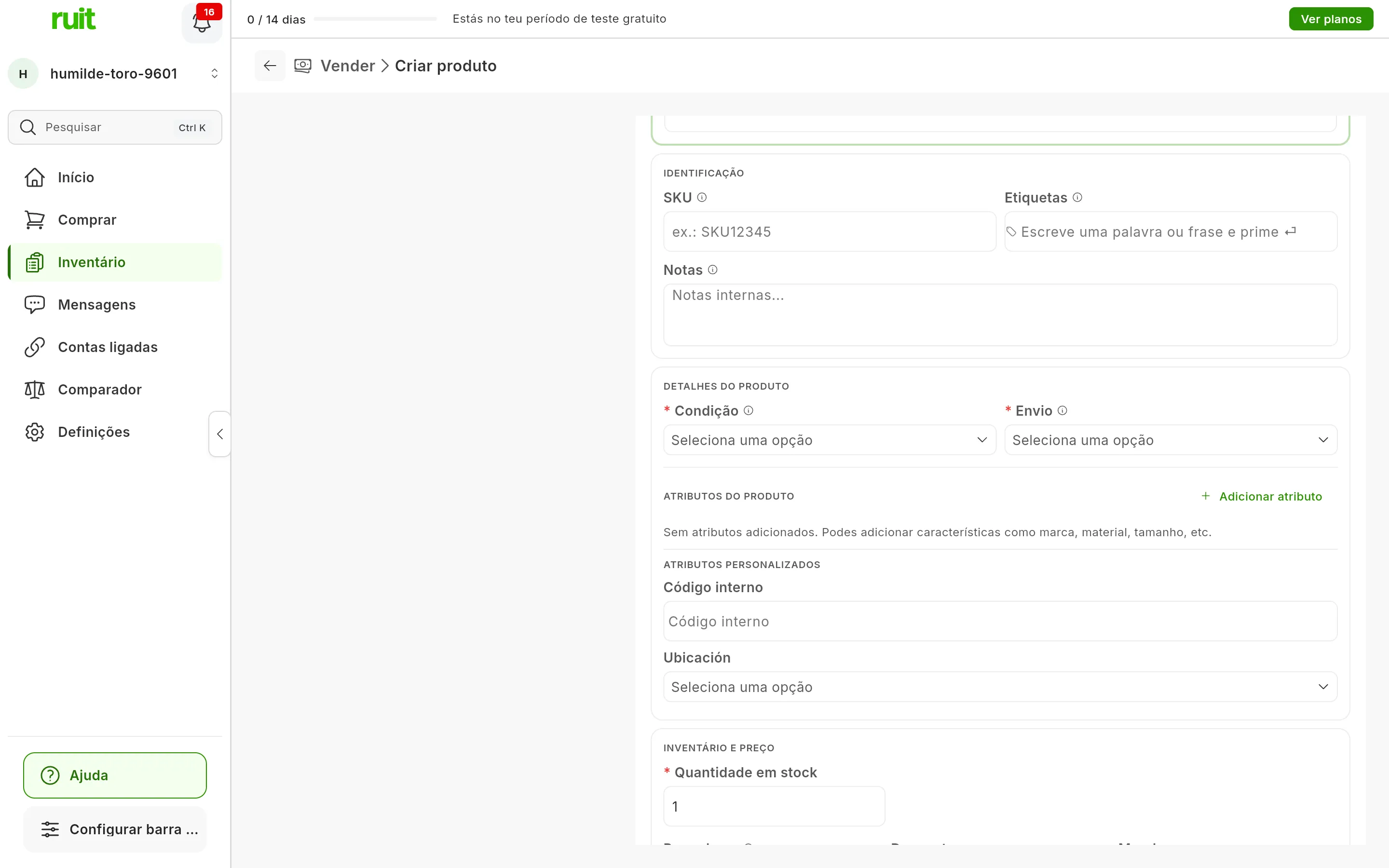 A parte central do formulário de criar produto: IDENTIFICAÇÃO com SKU, Etiquetas e Notas; DETALHES DO PRODUTO com Condição e Envio, obrigatórios; ATRIBUTOS DO PRODUTO com o botão Adicionar atributo; e ATRIBUTOS PERSONALIZADOS com Código interno e Ubicación