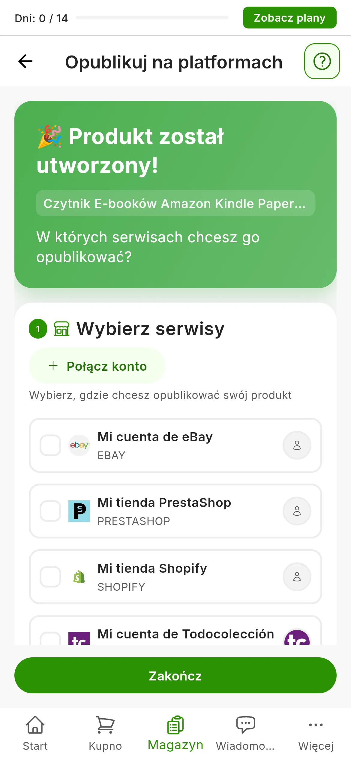 Ekran Opublikuj na platformach tuż po utworzeniu produktu: zielony komunikat Produkt został utworzony! z tytułem produktu i pytaniem W których serwisach chcesz go opublikować?, pod nim lista Wybierz serwisy z połączonymi kontami i przycisk Zakończ
