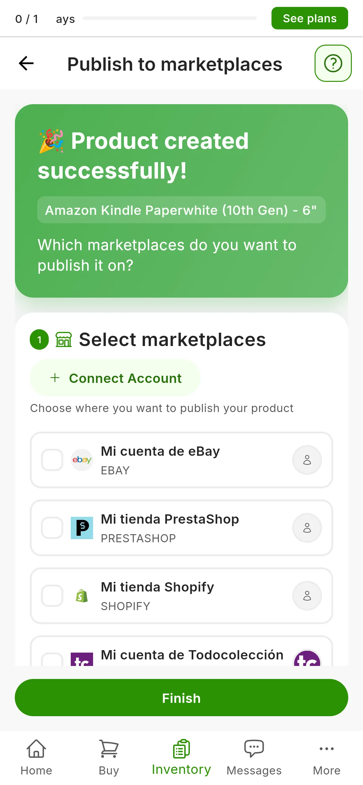 The Publish to marketplaces screen right after creating the product: the green Product created successfully! notice with the product's title and the question Which marketplaces do you want to publish it on?, below it the Select marketplaces list with the connected accounts, and the Finish button