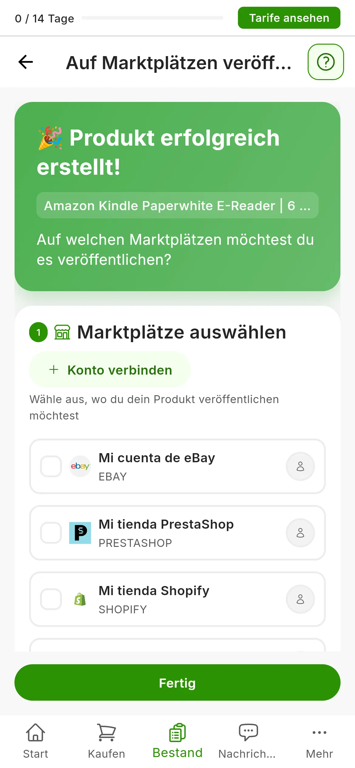 Der Bildschirm Auf Marktplätzen veröffentlichen direkt nach dem Anlegen des Produkts: der grüne Hinweis Produkt erfolgreich erstellt! mit dem Titel des Produkts und der Frage Auf welchen Marktplätzen möchtest du es veröffentlichen?, darunter die Liste Marktplätze auswählen mit den verbundenen Konten und die Schaltfläche Fertig