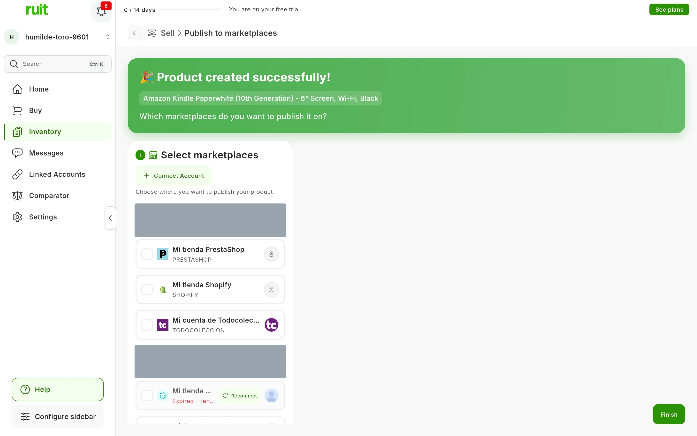 The Publish to marketplaces screen right after creating the product: the green Product created successfully! notice with the product's title and the question Which marketplaces do you want to publish it on?, below it the Select marketplaces list with the connected accounts, and the Finish button at the bottom right