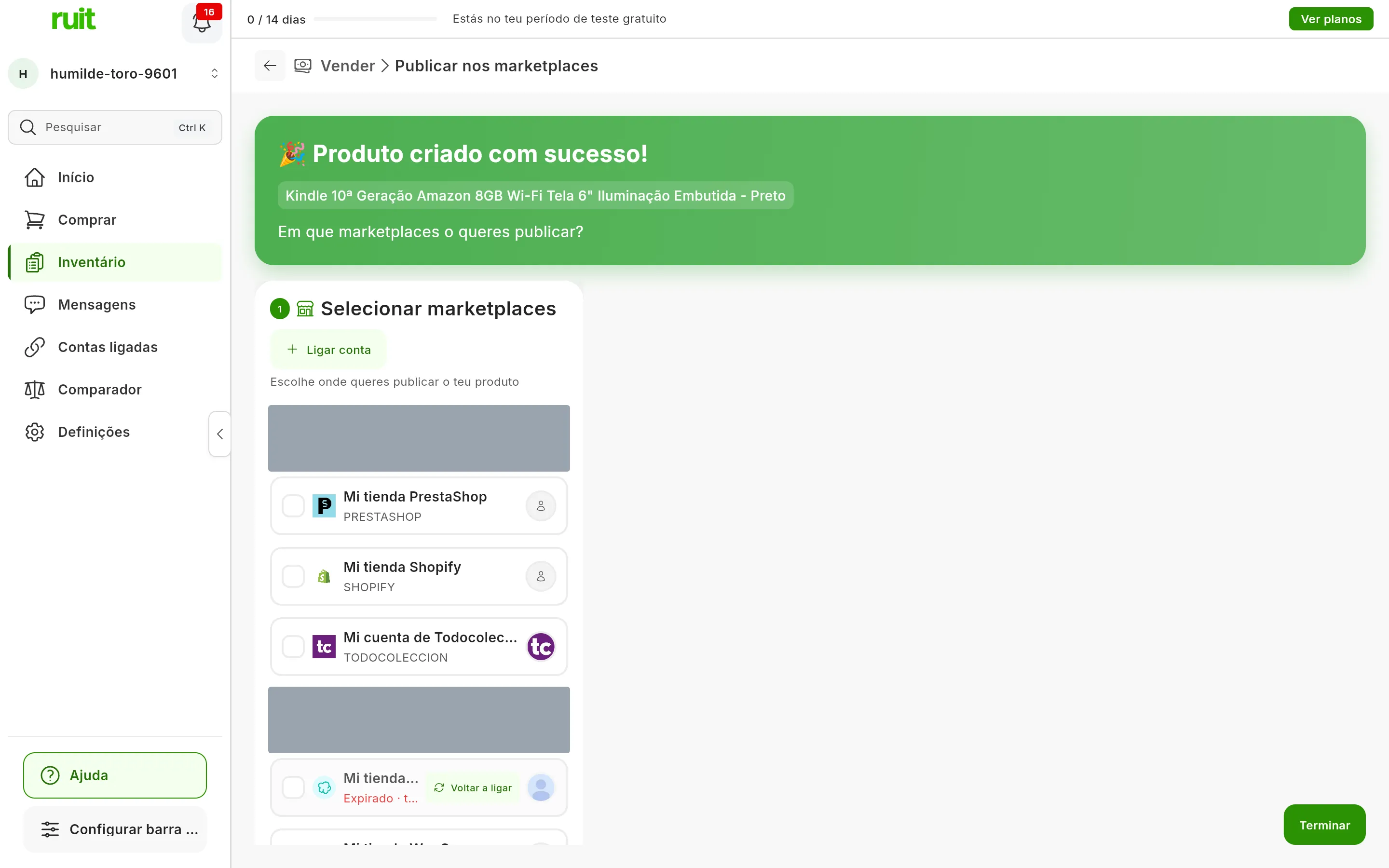 O ecrã Publicar nos marketplaces logo a seguir a criar o produto: o aviso verde Produto criado com sucesso! com o título do produto e a pergunta Em que marketplaces o queres publicar?, por baixo a lista Selecionar marketplaces com as contas ligadas, e o botão Terminar em baixo à direita