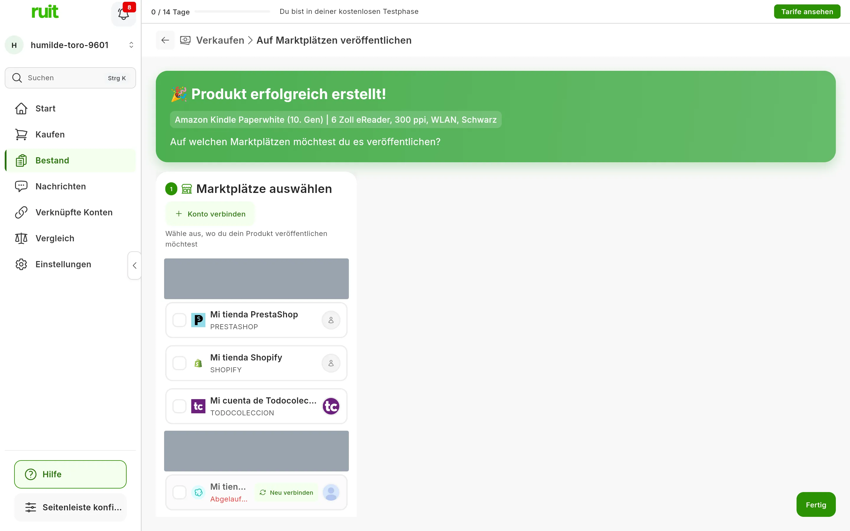 Der Bildschirm Auf Marktplätzen veröffentlichen direkt nach dem Anlegen des Produkts: der grüne Hinweis Produkt erfolgreich erstellt! mit dem Titel des Produkts und der Frage Auf welchen Marktplätzen möchtest du es veröffentlichen?, darunter die Liste Marktplätze auswählen mit den verbundenen Konten und unten rechts die Schaltfläche Fertig