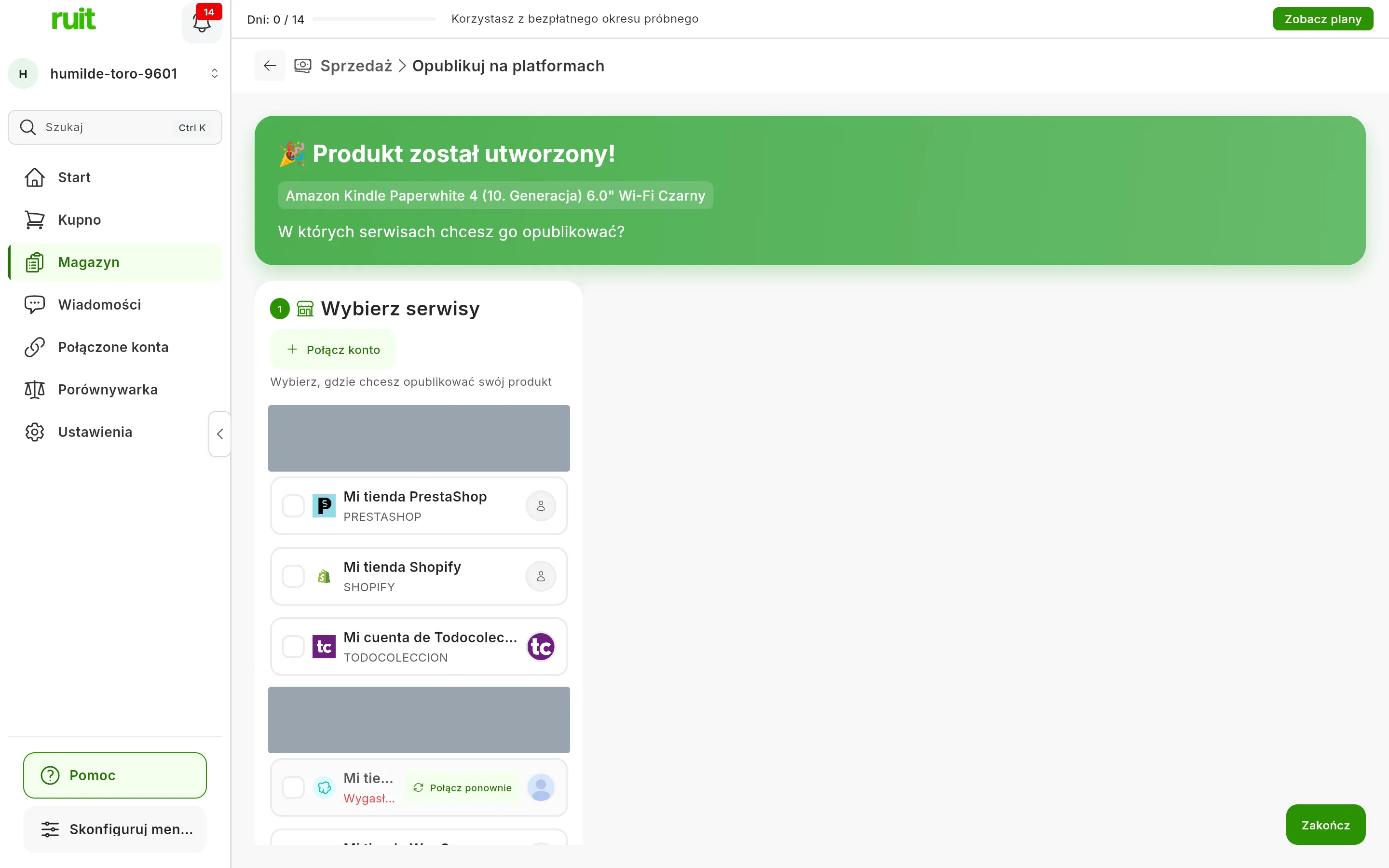 Ekran Opublikuj na platformach tuż po utworzeniu produktu: zielony komunikat Produkt został utworzony! z tytułem produktu i pytaniem W których serwisach chcesz go opublikować?, pod nim lista Wybierz serwisy z połączonymi kontami i przycisk Zakończ w prawym dolnym rogu