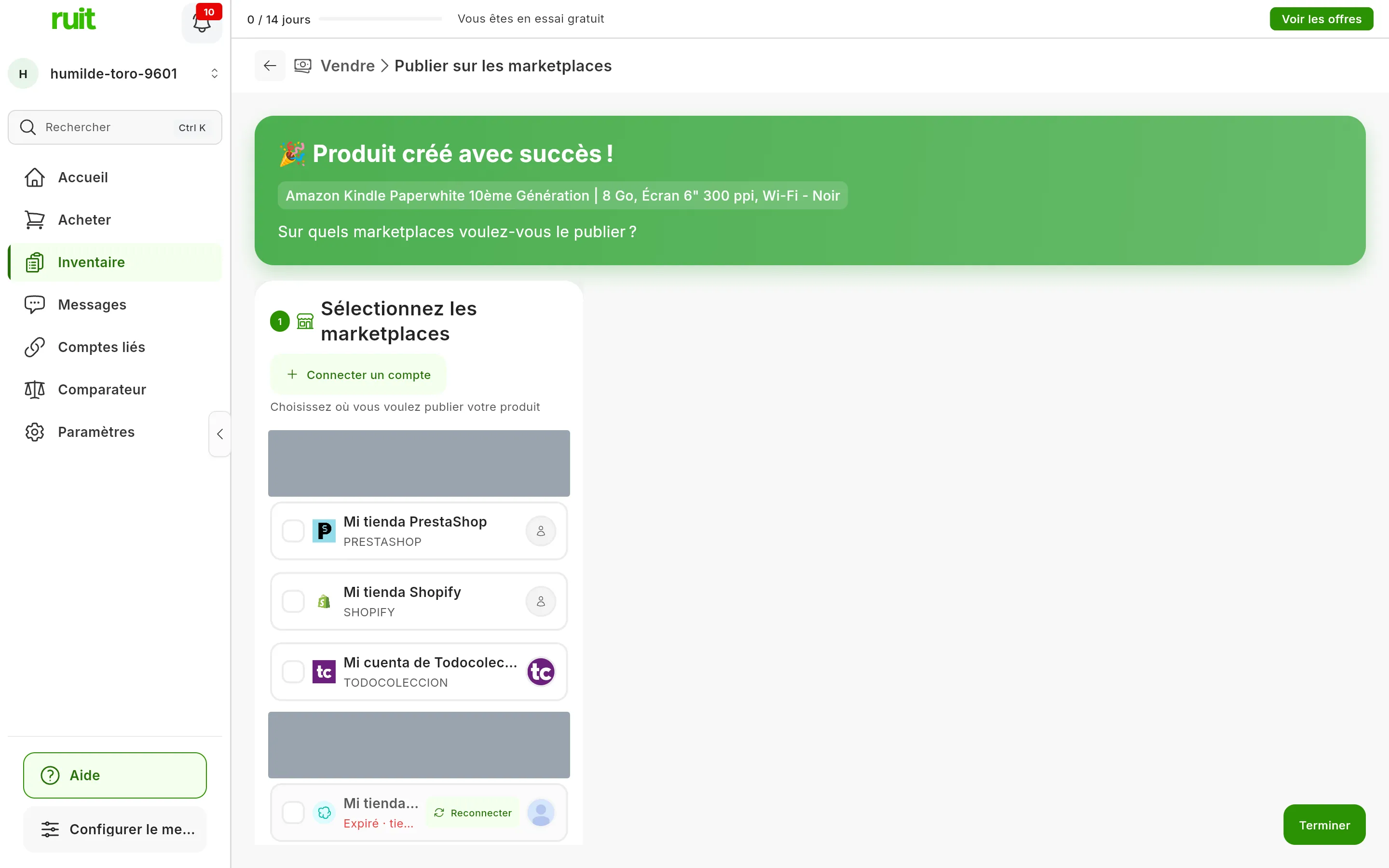 L'écran Publier sur les marketplaces juste après la création du produit : l'avis vert Produit créé avec succès ! suivi du titre du produit et de la question Sur quels marketplaces voulez-vous le publier ? En dessous, la liste Sélectionnez les marketplaces avec les comptes connectés et, en bas à droite, le bouton Terminer
