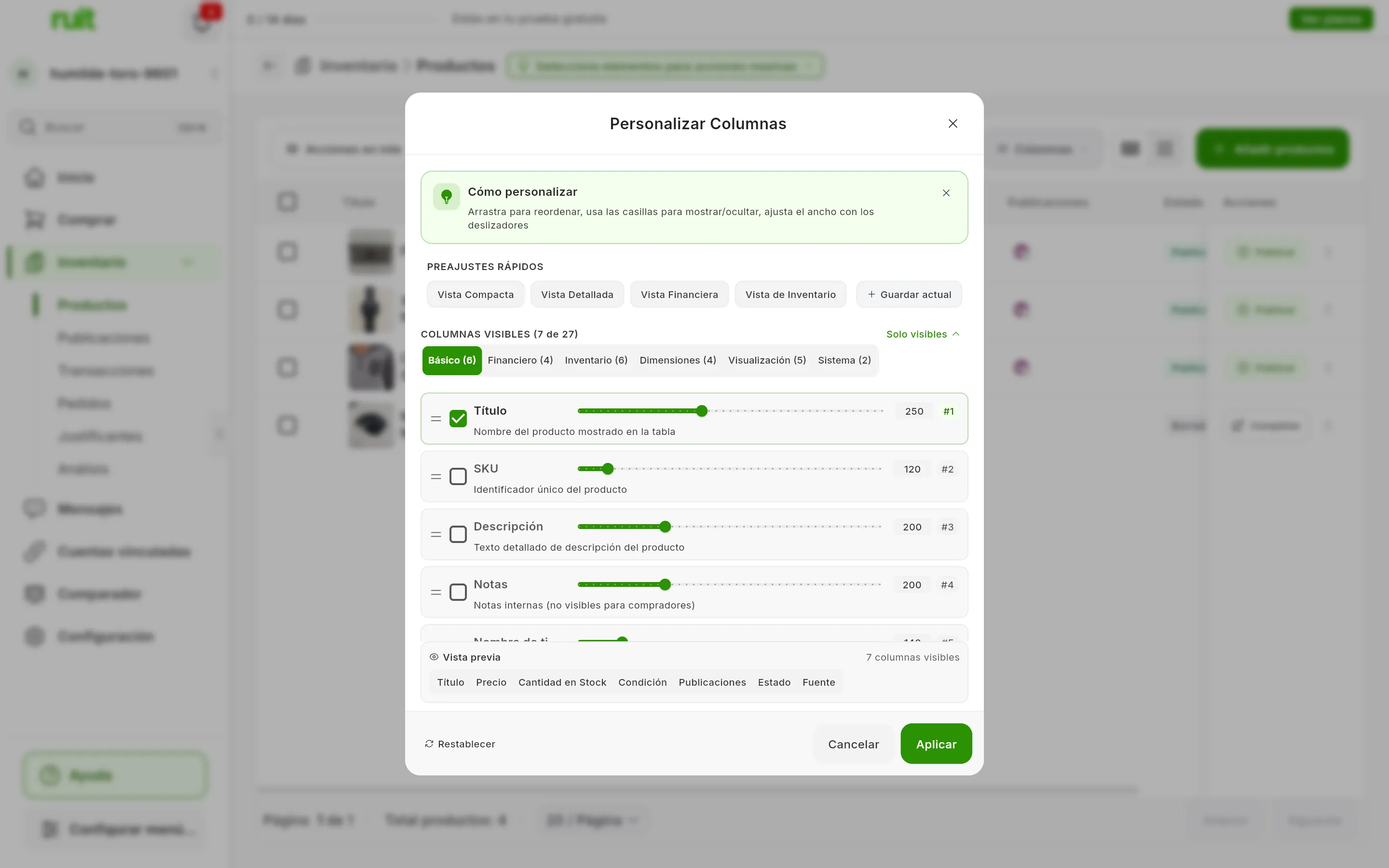La ventana Personalizar Columnas: los Preajustes rápidos, Columnas visibles 7 de 27 con los grupos Básico, Financiero, Inventario, Dimensiones, Visualización y Sistema, las columnas del grupo Básico con su casilla, su deslizador de ancho y su posición, la vista previa de las siete visibles y los botones Restablecer, Cancelar y Aplicar