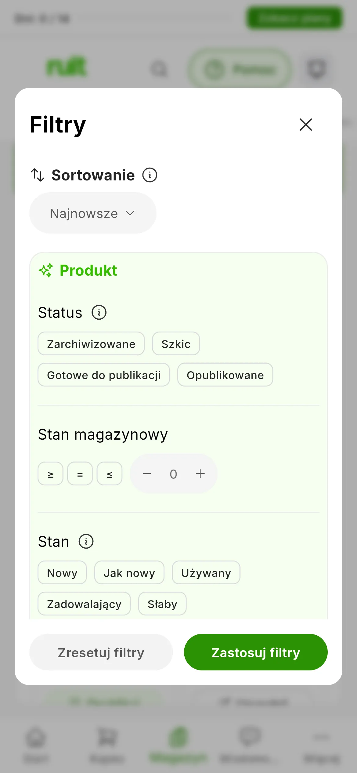 Panel Filtry tabeli produktów z grupą Produkt i czterema statusami w polu Status: Zarchiwizowane, Szkic, Gotowe do publikacji i Opublikowane
