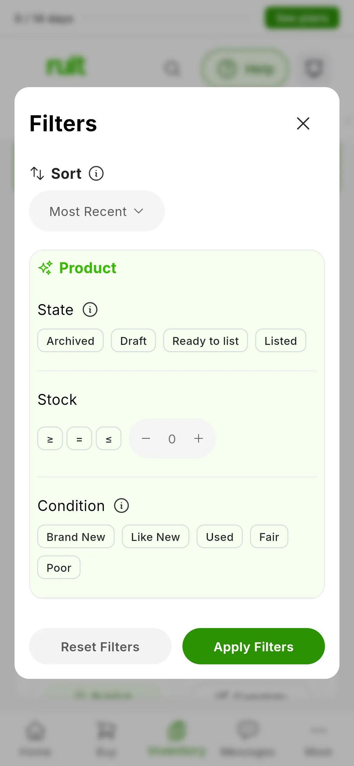 The Filters panel of the products table, with the Product group and, under State, the four statuses: Archived, Draft, Ready to list and Listed