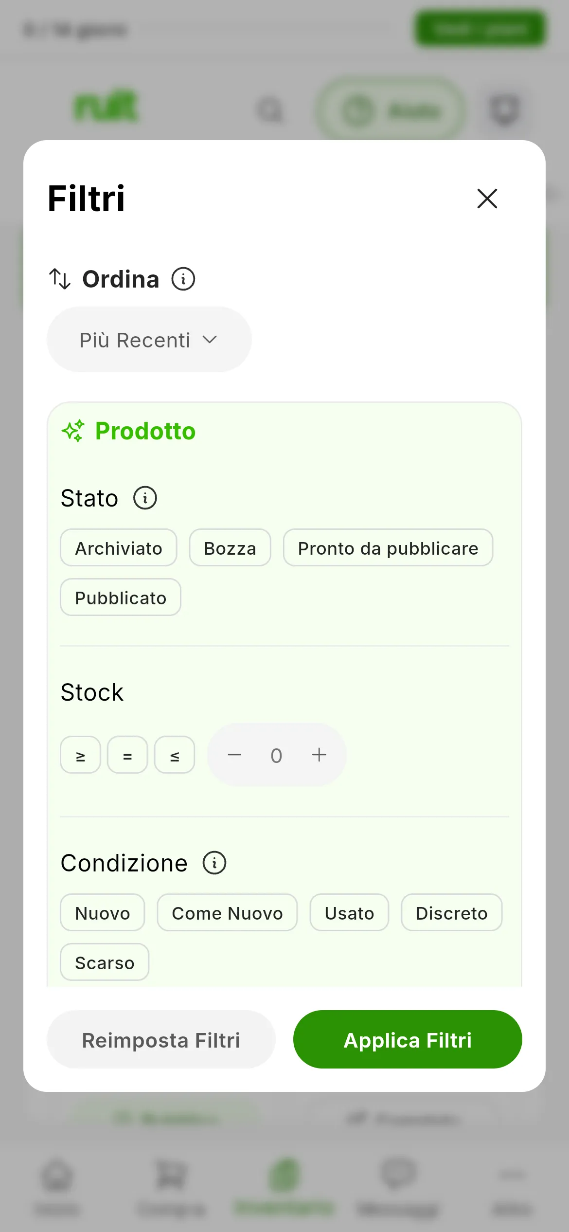 Il pannello Filtri della tabella dei prodotti, con il gruppo Prodotto e, in Stato, i quattro stati: Archiviato, Bozza, Pronto da pubblicare e Pubblicato