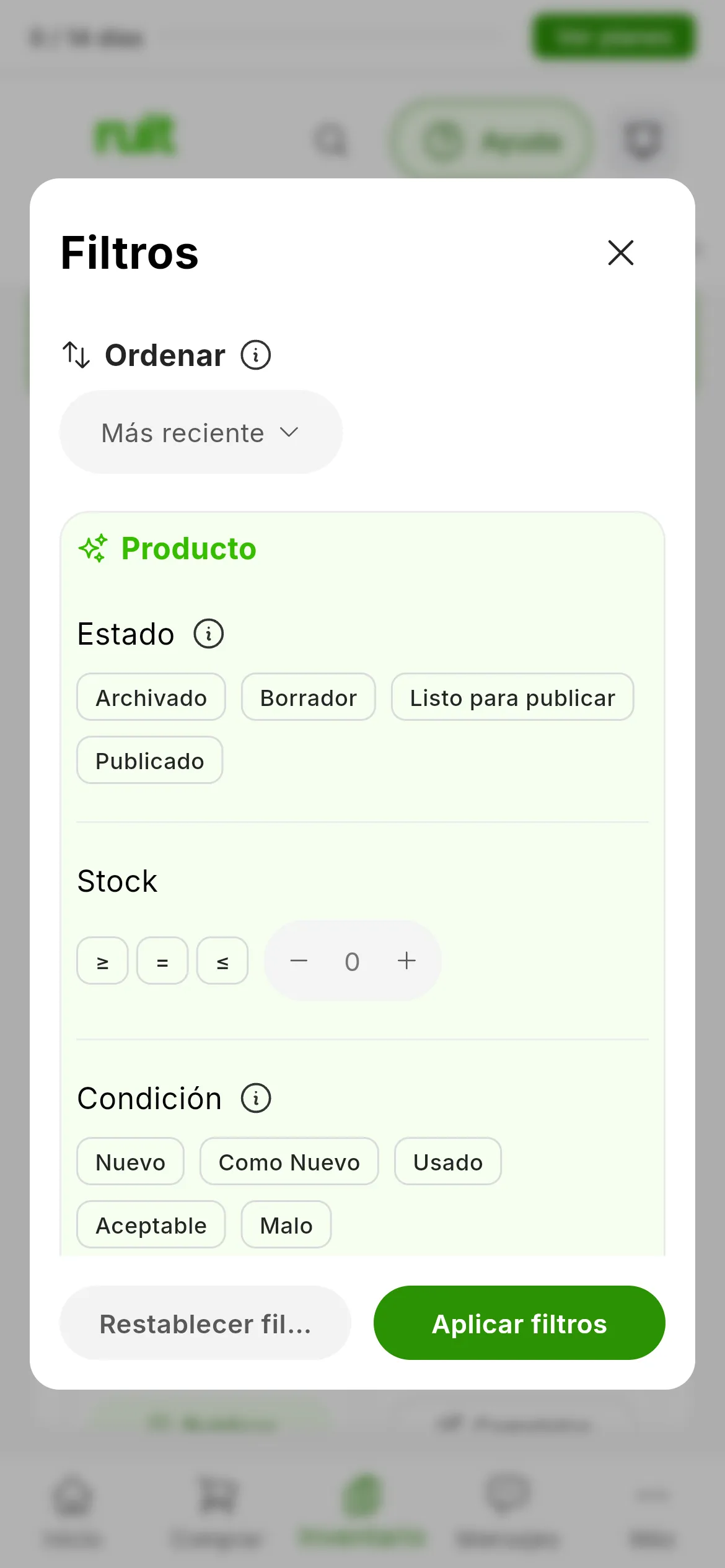 El panel Filtros de la tabla de productos, con el grupo Producto y, en Estado, los cuatro estados: Archivado, Borrador, Listo para publicar y Publicado