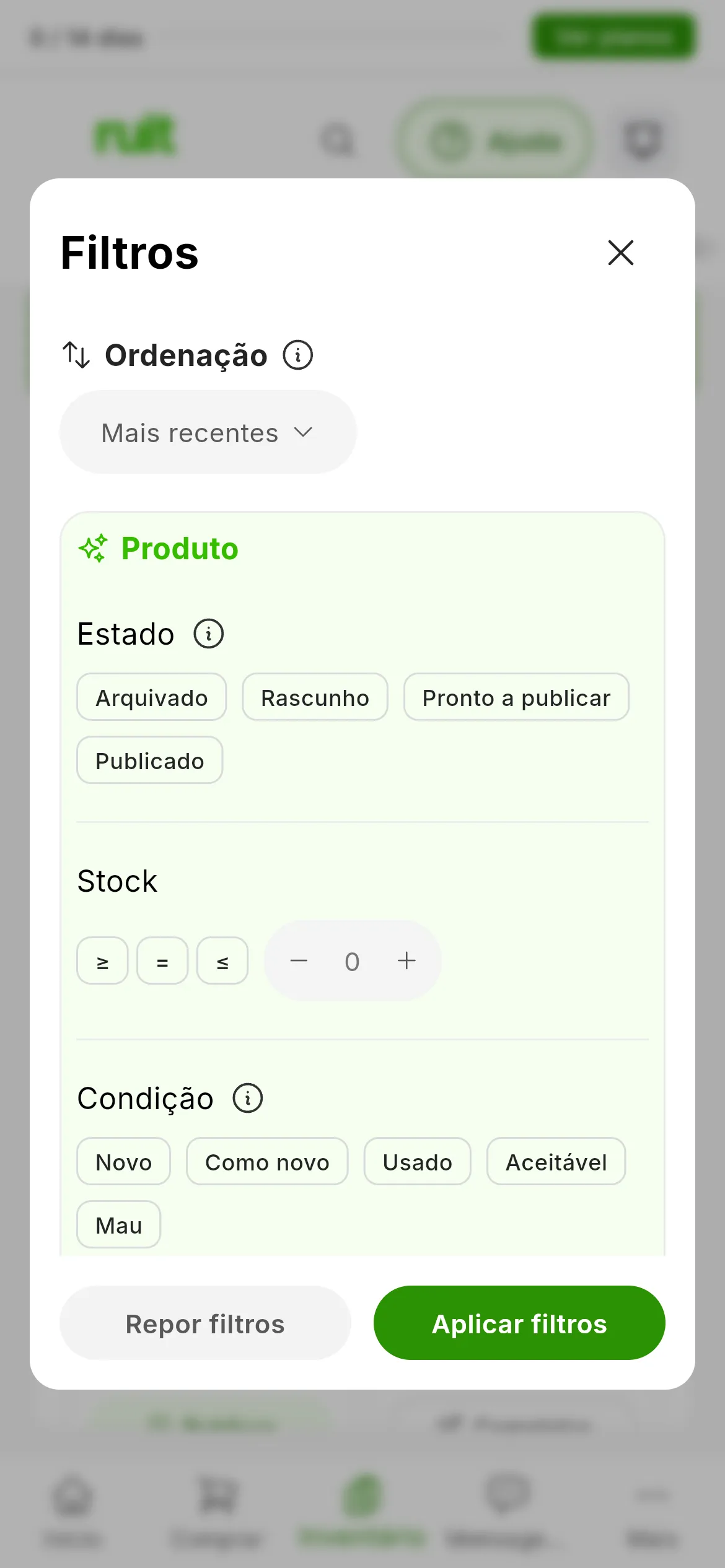 O painel Filtros da tabela de produtos, com o grupo Produto e, em Estado, os quatro estados: Arquivado, Rascunho, Pronto a publicar e Publicado