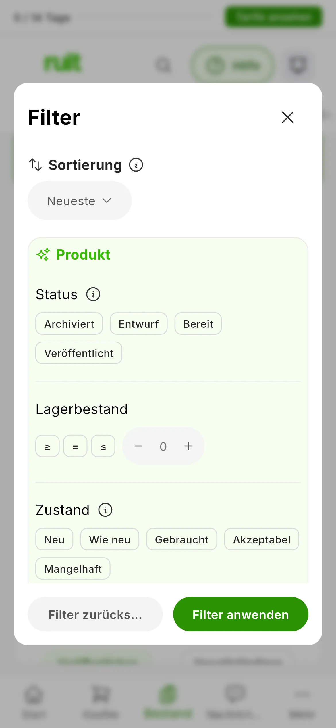 Der Bereich Filter der Produkttabelle mit der Gruppe Produkt und unter Status den vier Status: Archiviert, Entwurf, Bereit und Veröffentlicht
