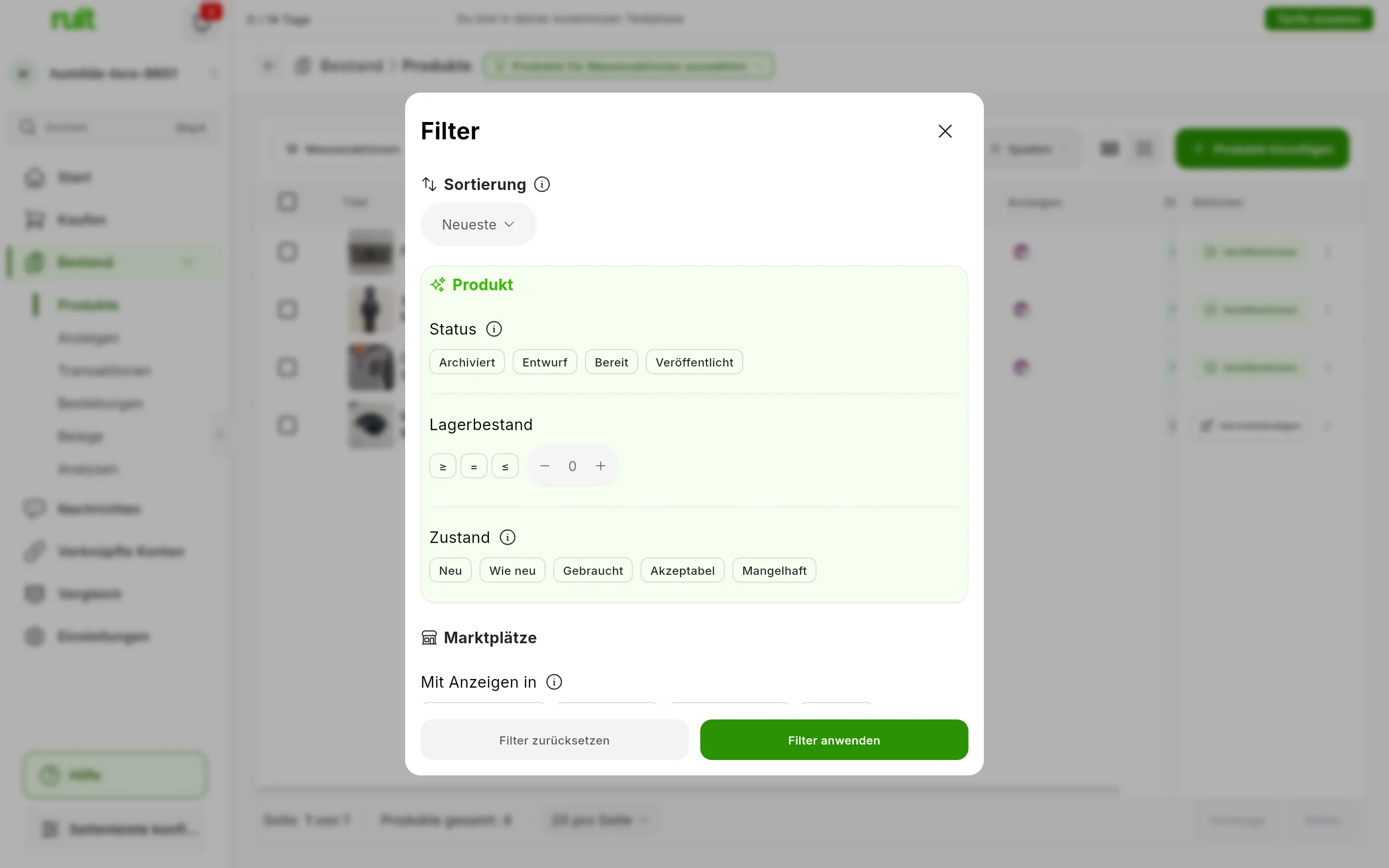Der Bereich Filter: oben Sortierung, danach die Gruppe Produkt mit Status, Lagerbestand und Zustand und der Anfang von Marktplätze; unten die Schaltflächen Filter zurücksetzen und Filter anwenden