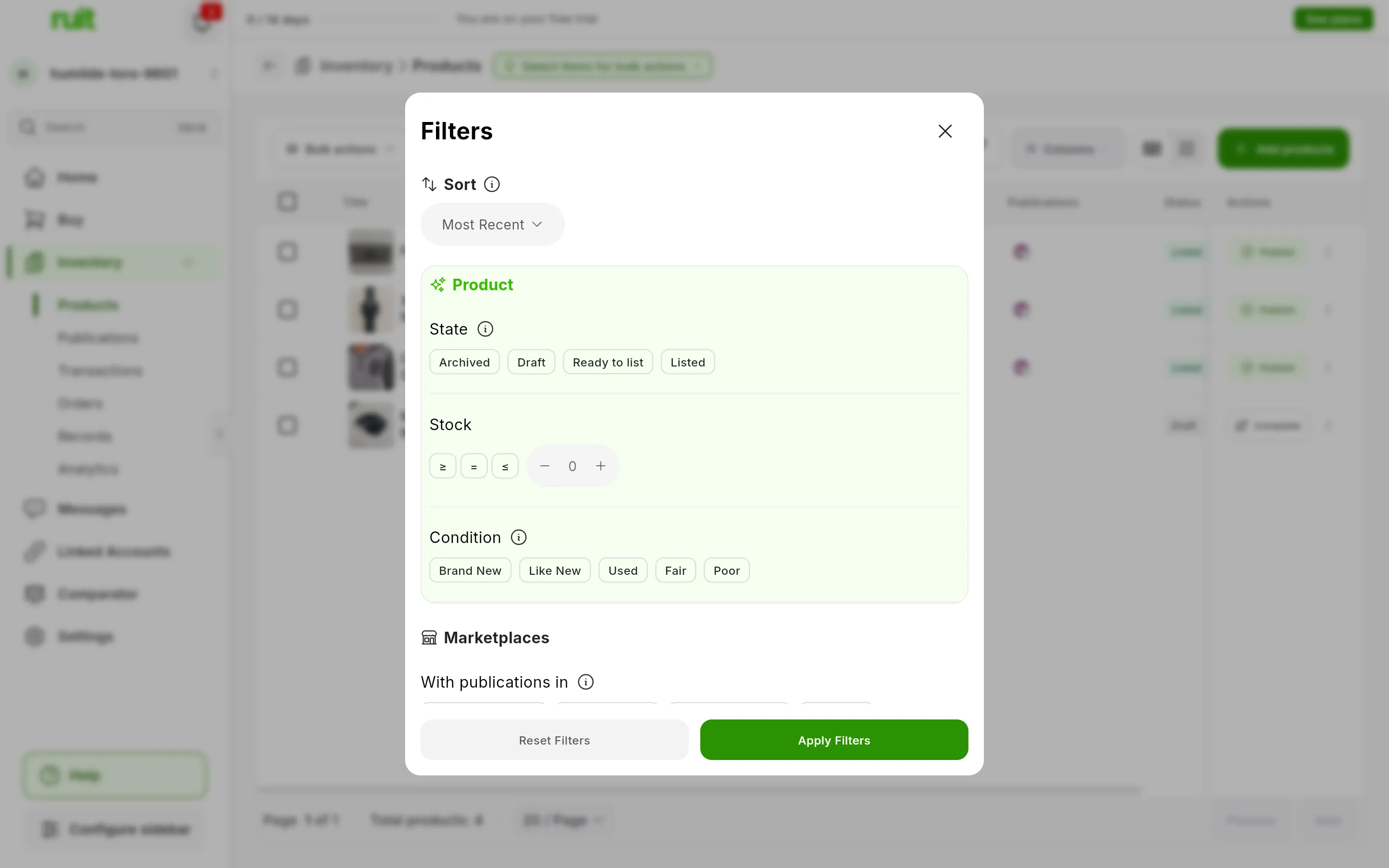 The Filters panel: Sort at the top, then the Product group with State, Stock and Condition, and the start of Marketplaces; at the bottom, the Reset Filters and Apply Filters buttons