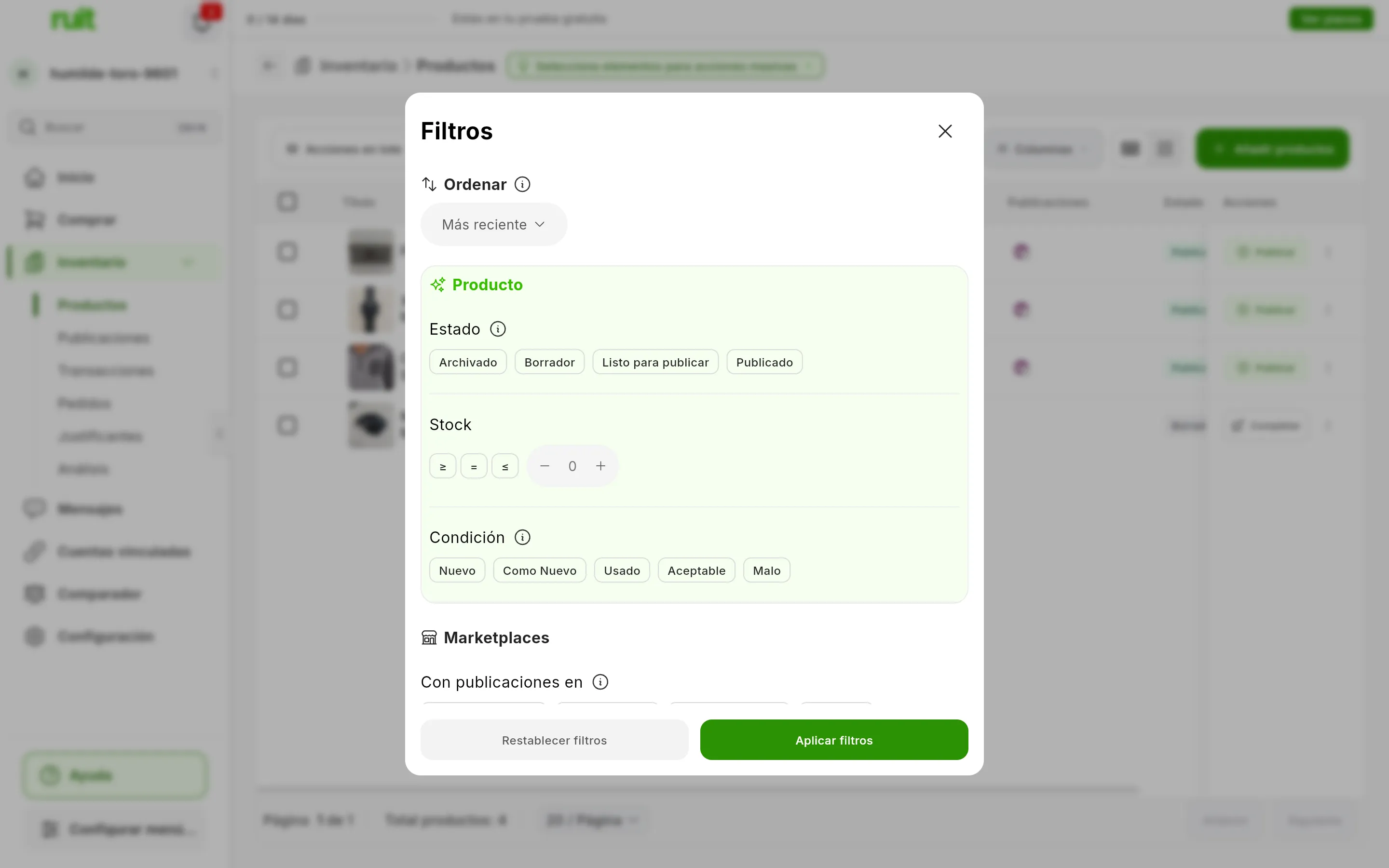 El panel Filtros: arriba Ordenar, después el grupo Producto con Estado, Stock y Condición, y el principio de Marketplaces; abajo, los botones Restablecer filtros y Aplicar filtros
