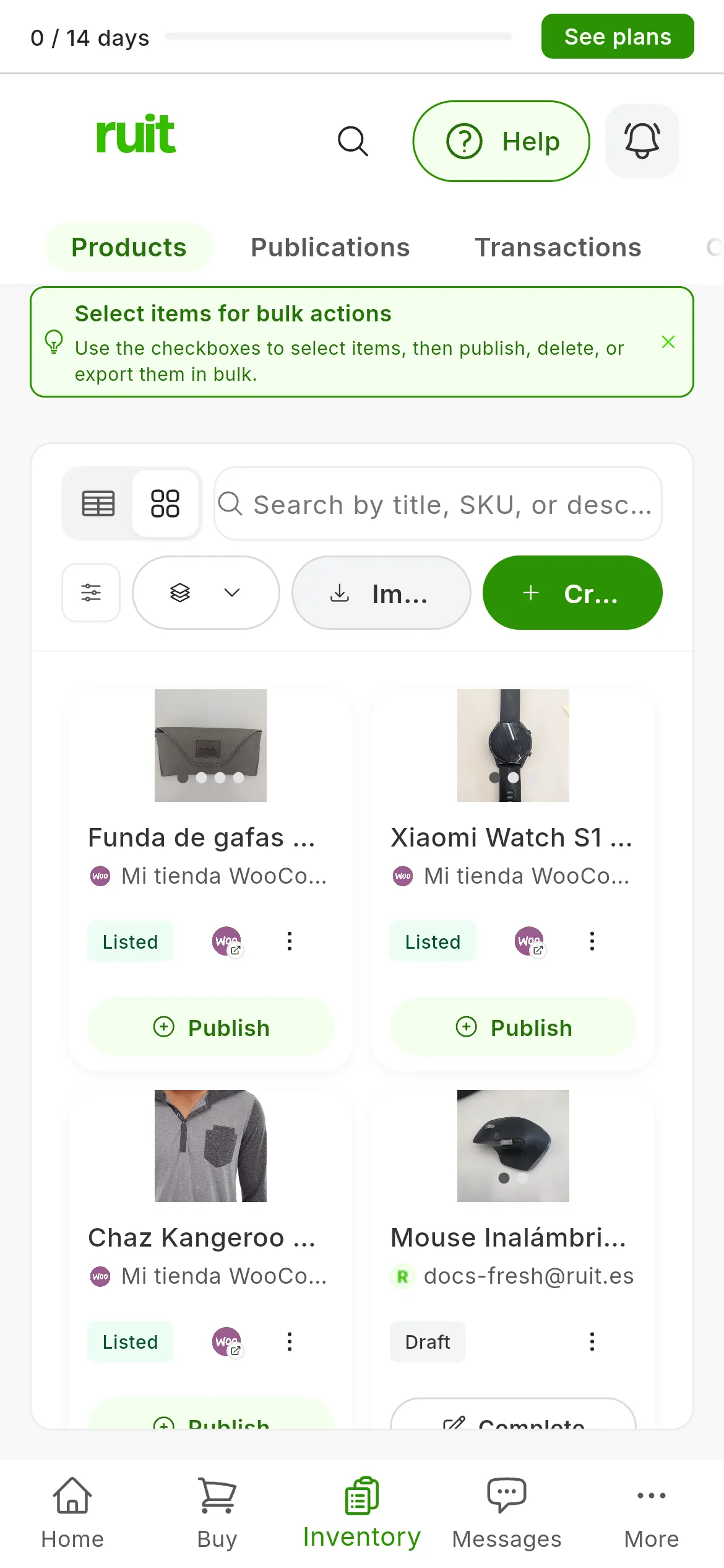 The card view: one card per product with its photo, the title, the source, the status, the WooCommerce logo on the ones that have a listing, and the button for more actions