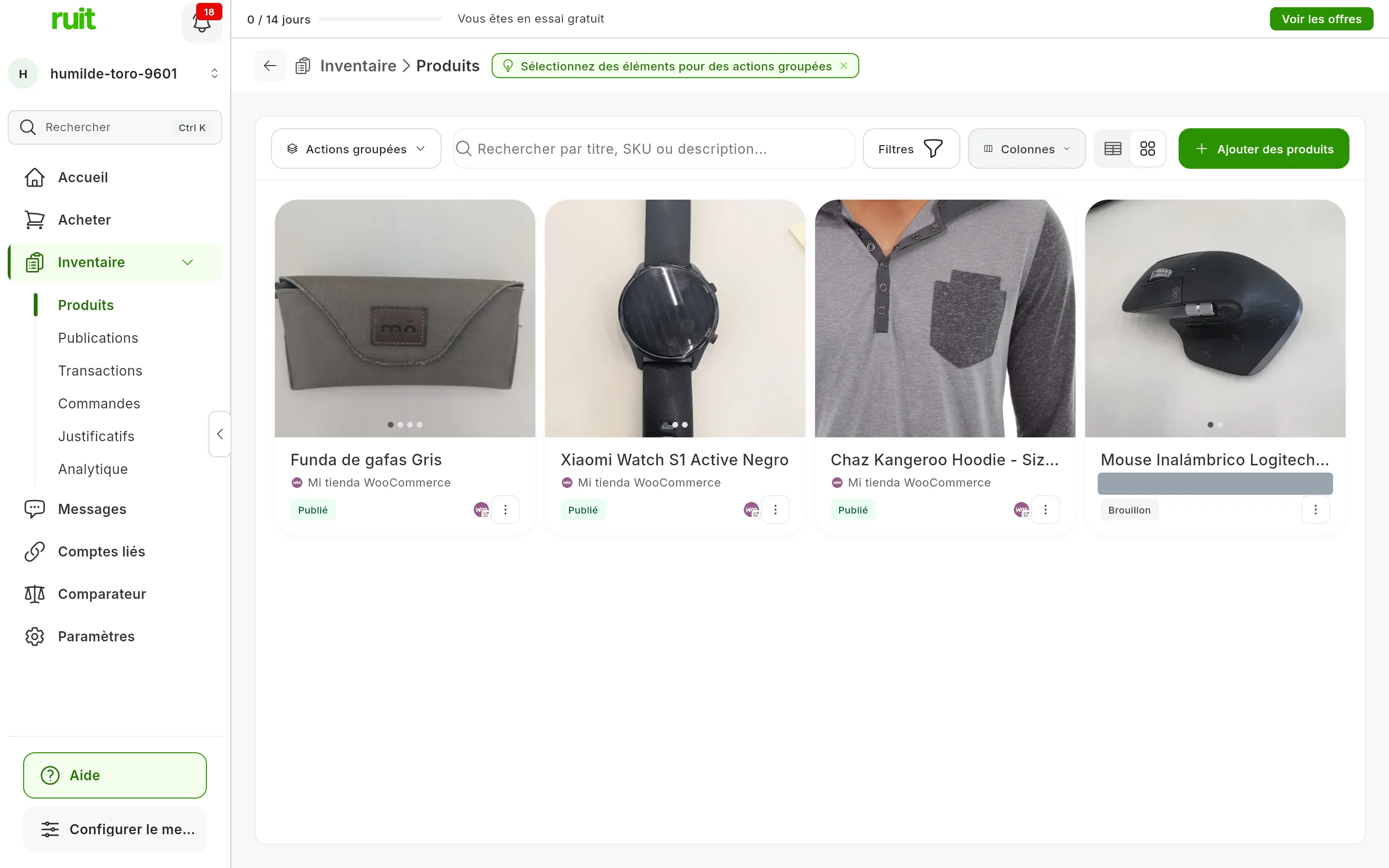 La vue en cartes : une carte par produit avec sa photo, le titre, la source, le statut, le logo de WooCommerce sur ceux qui ont une annonce et le bouton d'actions supplémentaires