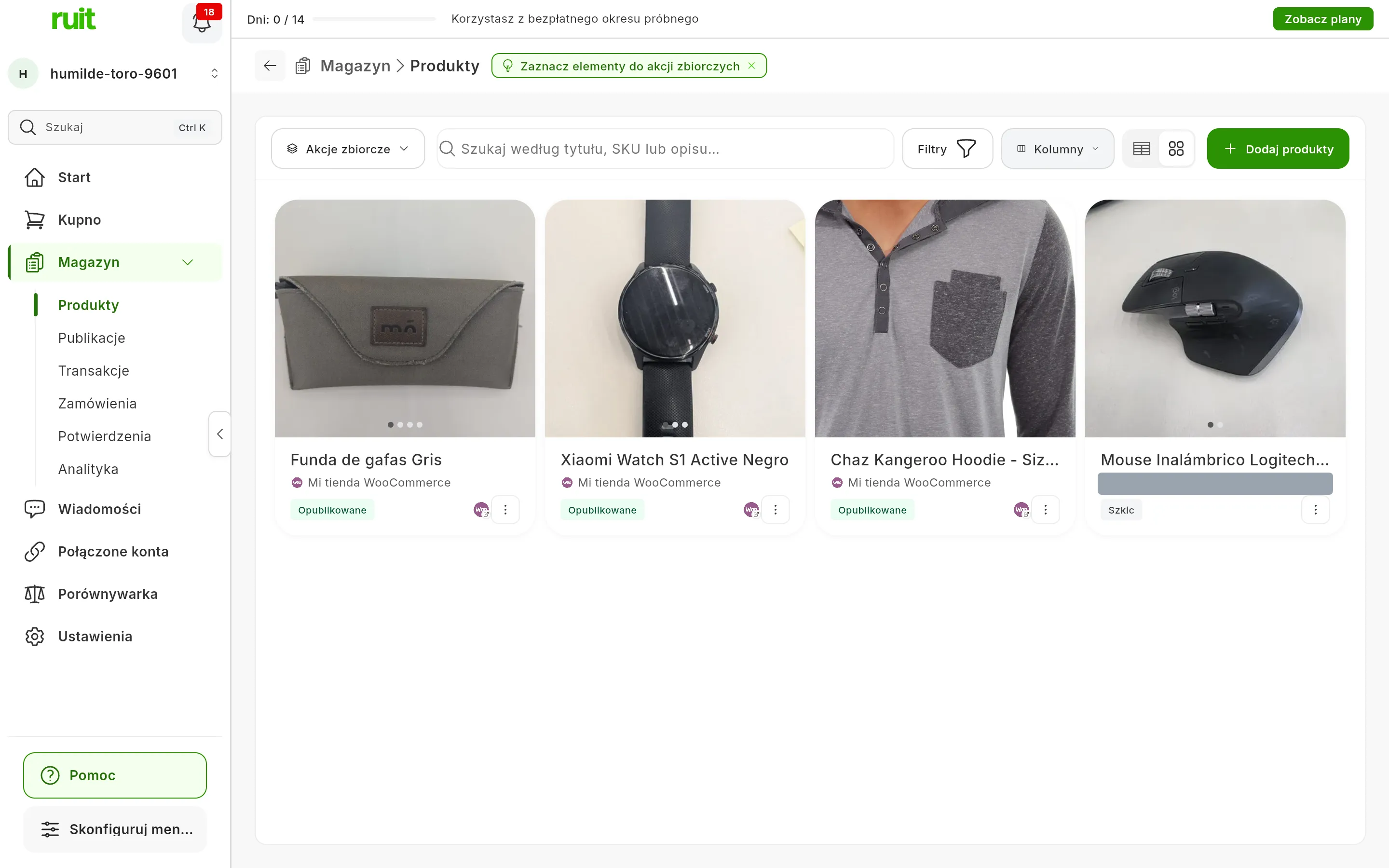 Widok kart: jedna karta na produkt ze zdjęciem, tytułem, źródłem, statusem, logo WooCommerce przy produktach z ogłoszeniem i przyciskiem kolejnych akcji