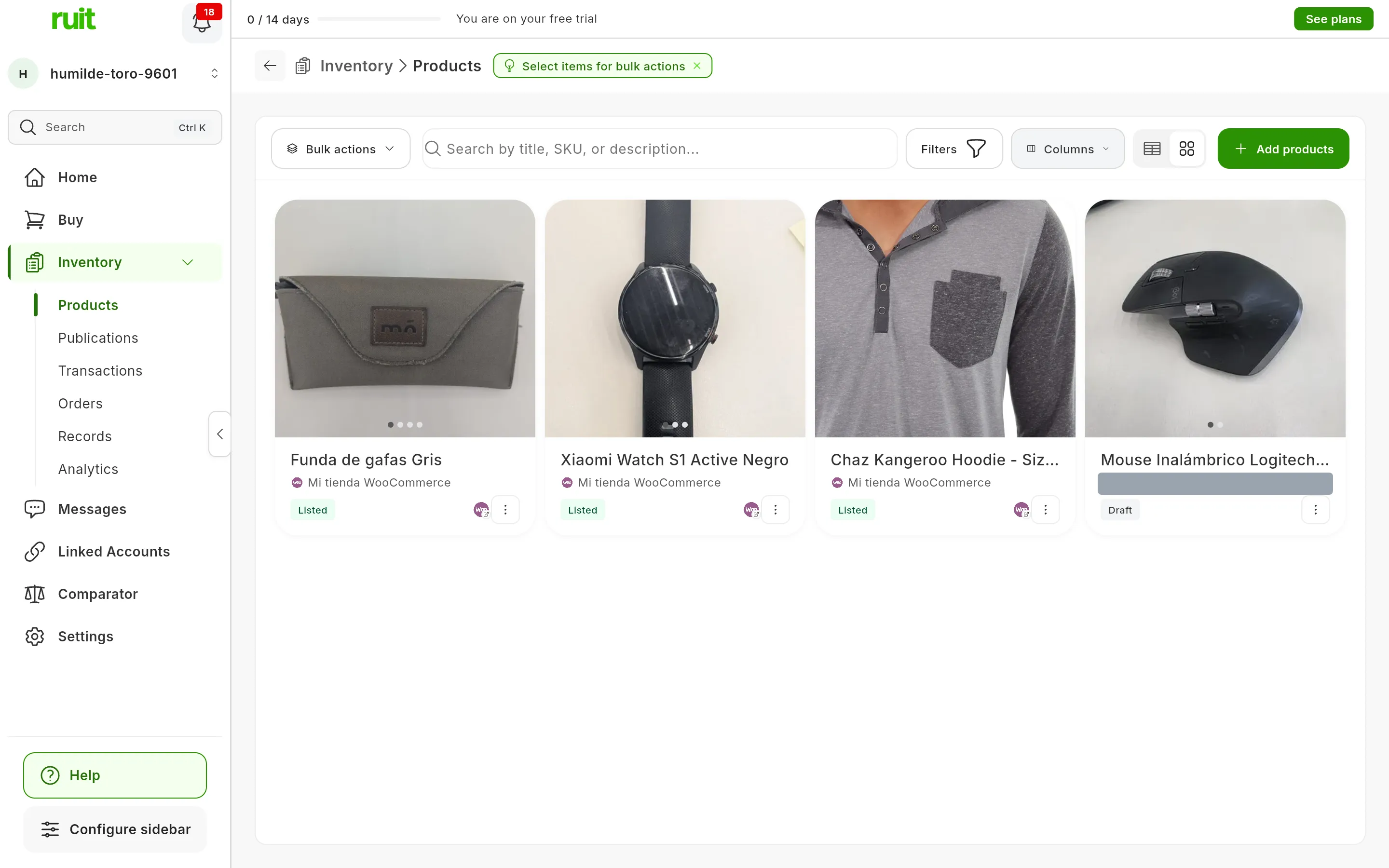 The card view: one card per product with its photo, the title, the source, the status, the WooCommerce logo on the ones that have a listing, and the button for more actions