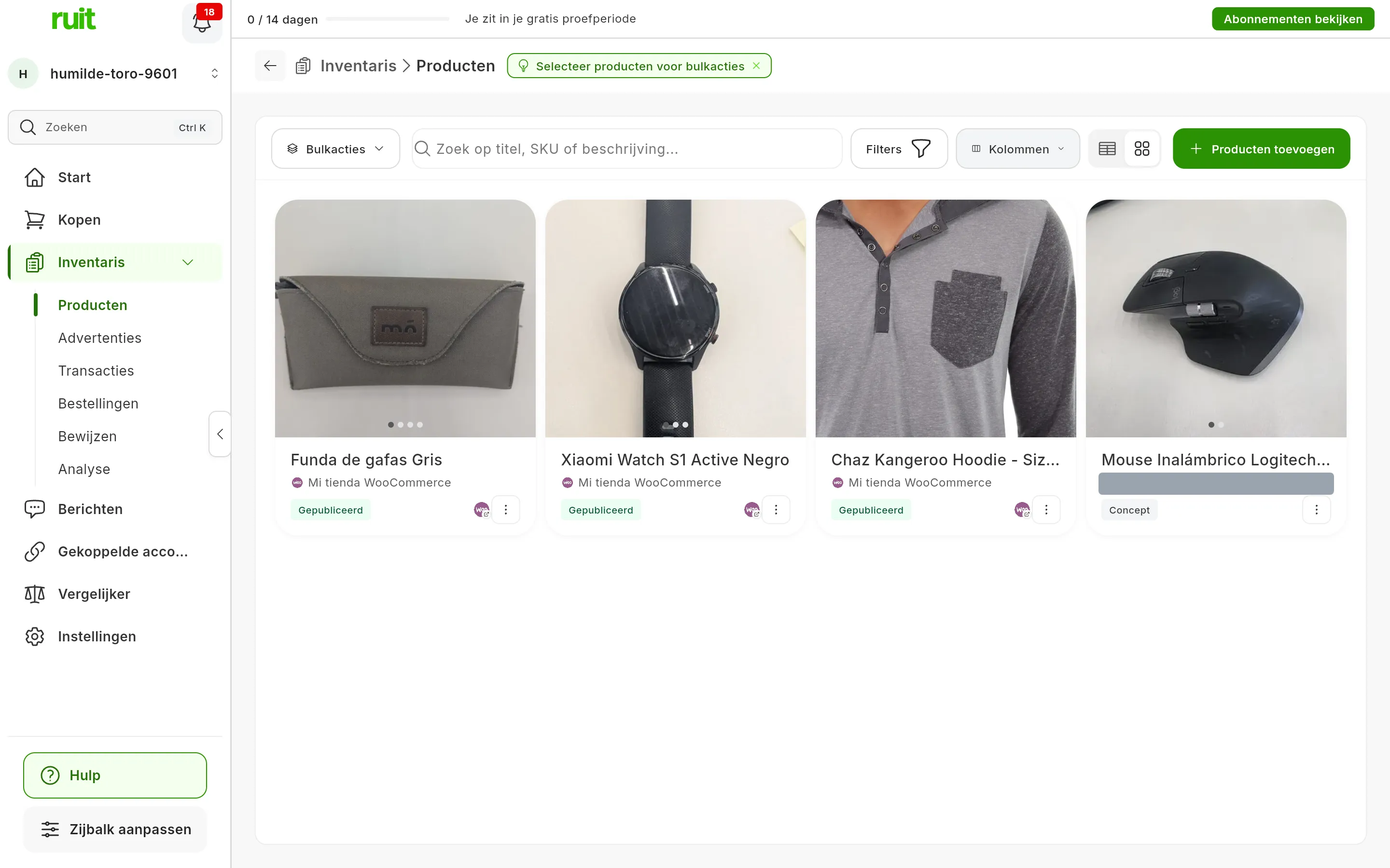 De kaartweergave: één kaart per product met de foto, de titel, de bron, de status, het logo van WooCommerce bij de producten met een advertentie en de knop voor meer acties