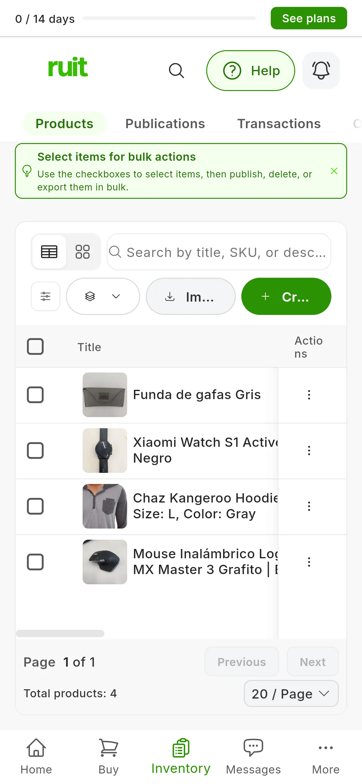 The products table: at the top, the bar with the bulk actions, the search box, the filters, the switch between table and cards, and the controls for adding products; below, one row per product with its photo, its title and its actions
