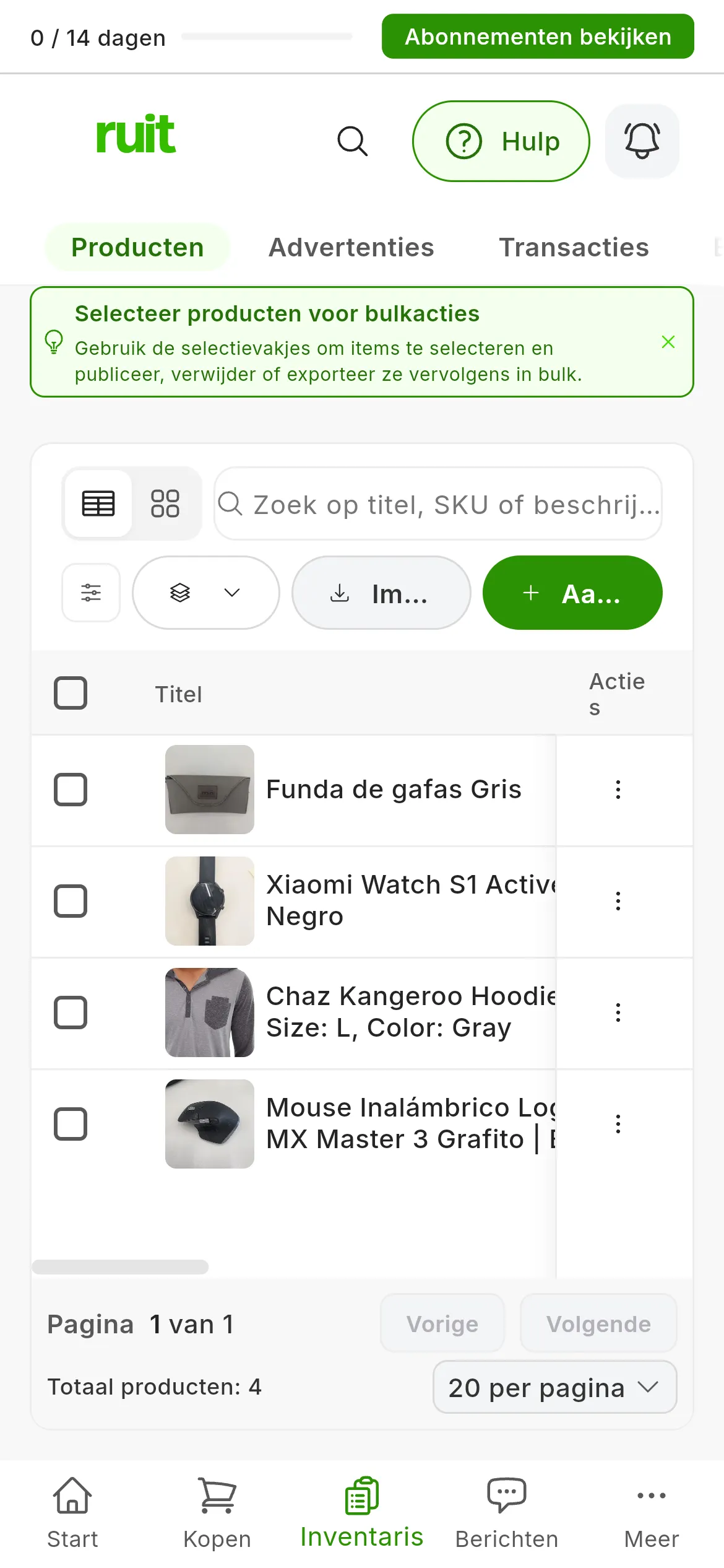 De producttabel: bovenaan de balk met de bulkacties, de zoekbalk, de filters, de wissel tussen tabel en kaarten en de ingangen om producten toe te voegen; daaronder één rij per product met foto, titel en acties