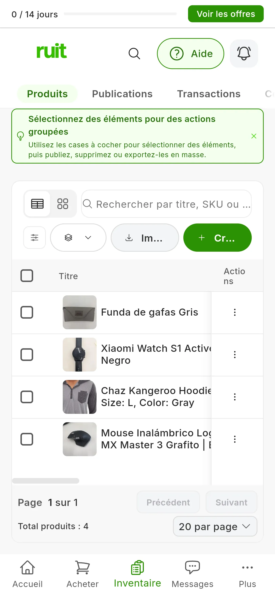 Le tableau des produits : en haut, la barre avec les actions groupées, la recherche, les filtres, le basculement entre tableau et cartes et l'ajout de produits ; en dessous, une ligne par produit avec sa photo, son titre et ses actions