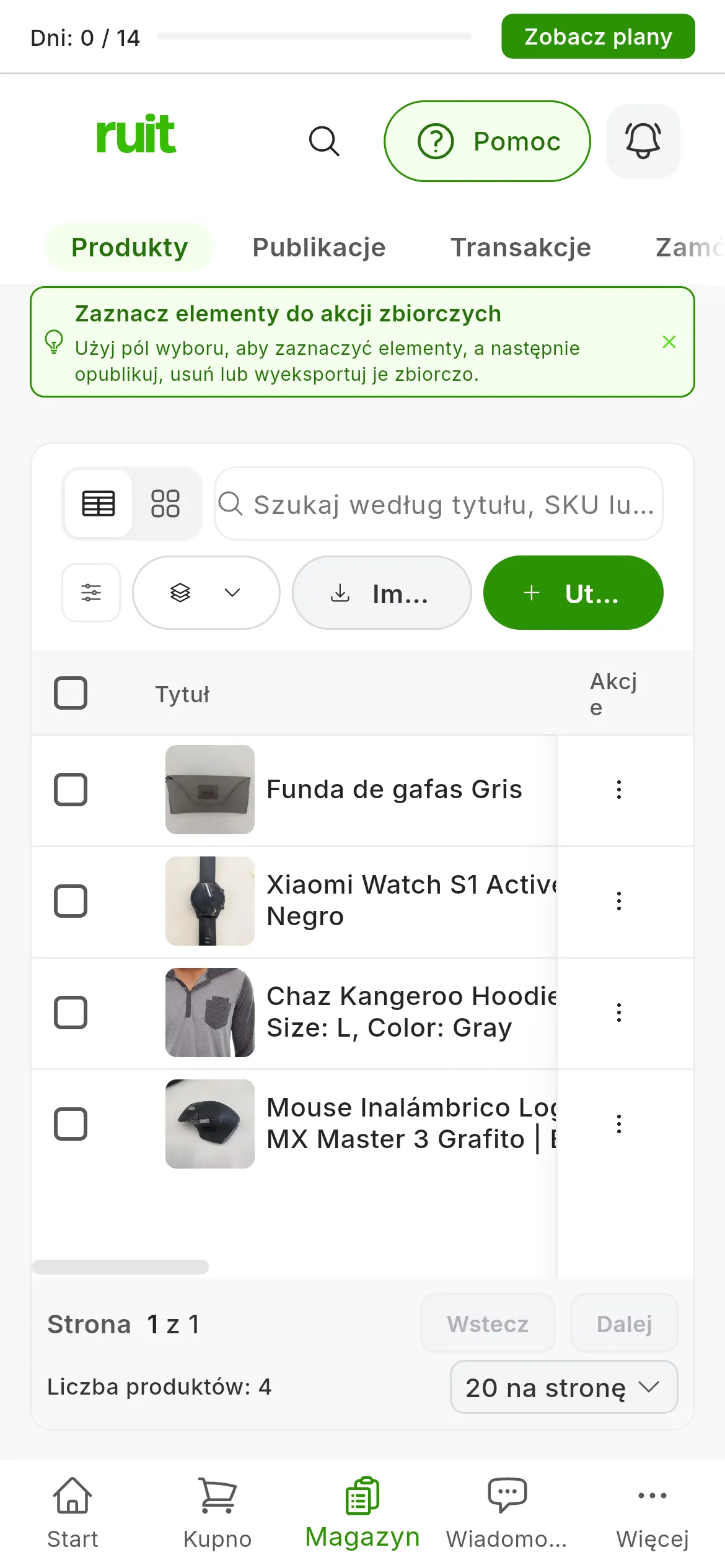 Tabela produktów: u góry pasek z akcjami zbiorczymi, wyszukiwarką, filtrami, przełącznikiem między tabelą a kartami oraz opcjami dodawania produktów; poniżej jeden wiersz na produkt ze zdjęciem, tytułem i akcjami