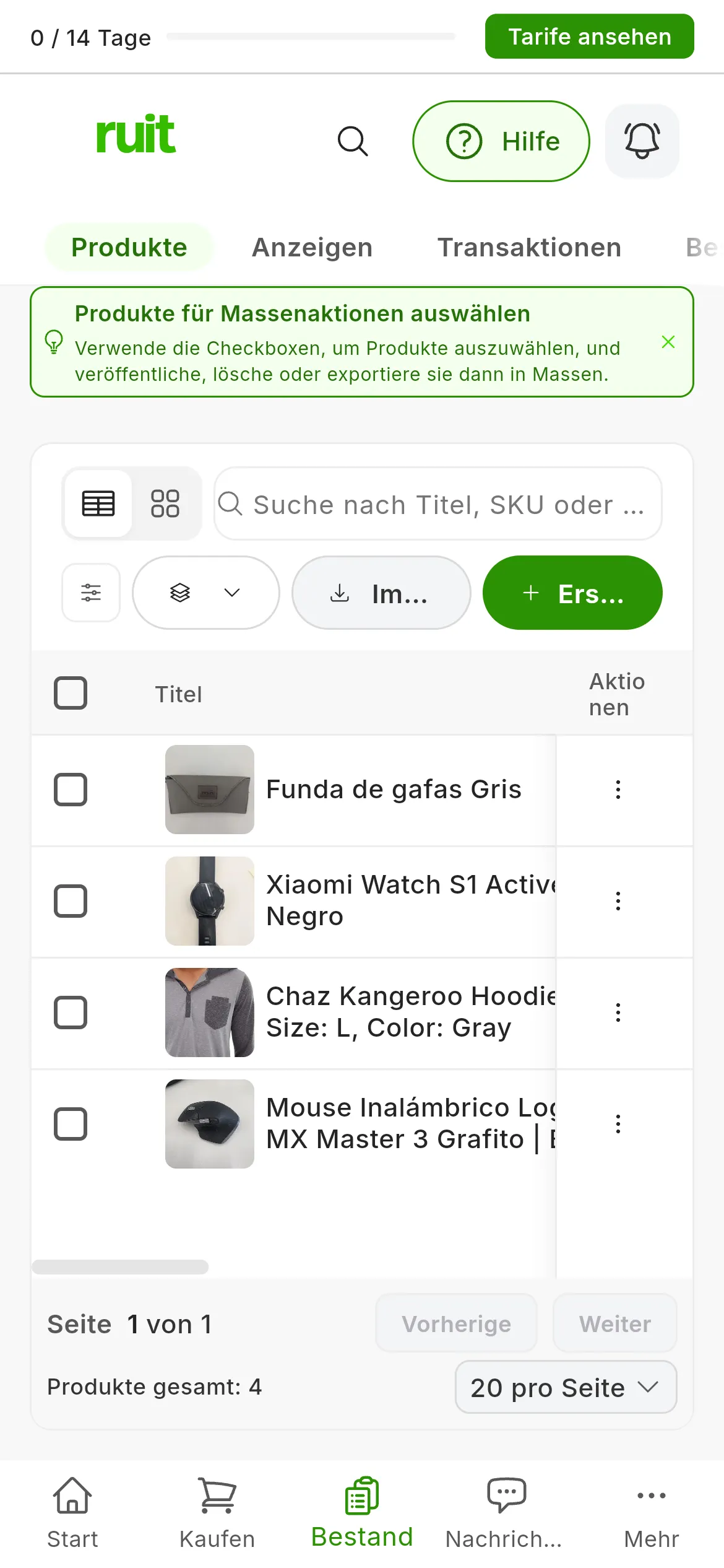 Die Produkttabelle: oben die Leiste mit den Massenaktionen, der Suche, den Filtern, dem Wechsel zwischen Tabelle und Karten und dem Zugang zum Hinzufügen von Produkten; darunter eine Zeile pro Produkt mit Foto, Titel und Aktionen