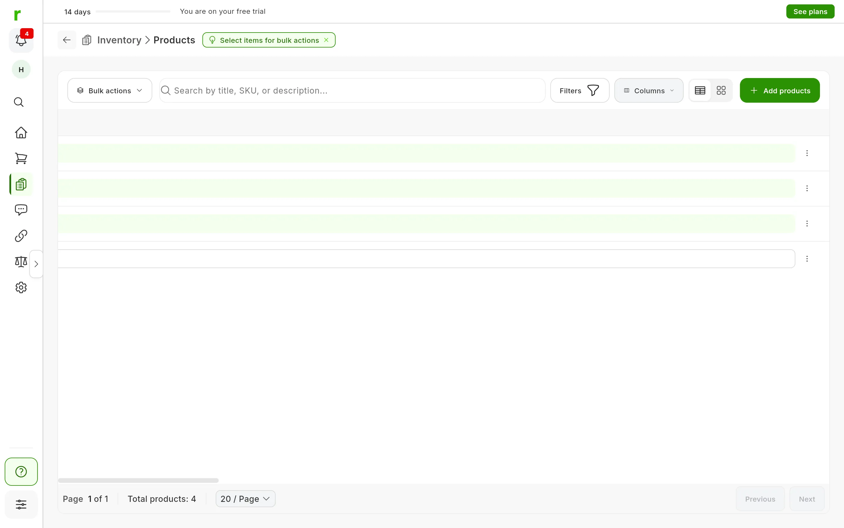 The products table: at the top, Bulk actions, the search box, Filters, Columns, the switch between table and cards, and Add products; below, one row per product with its photo, title, price, stock, condition, listings, status and actions