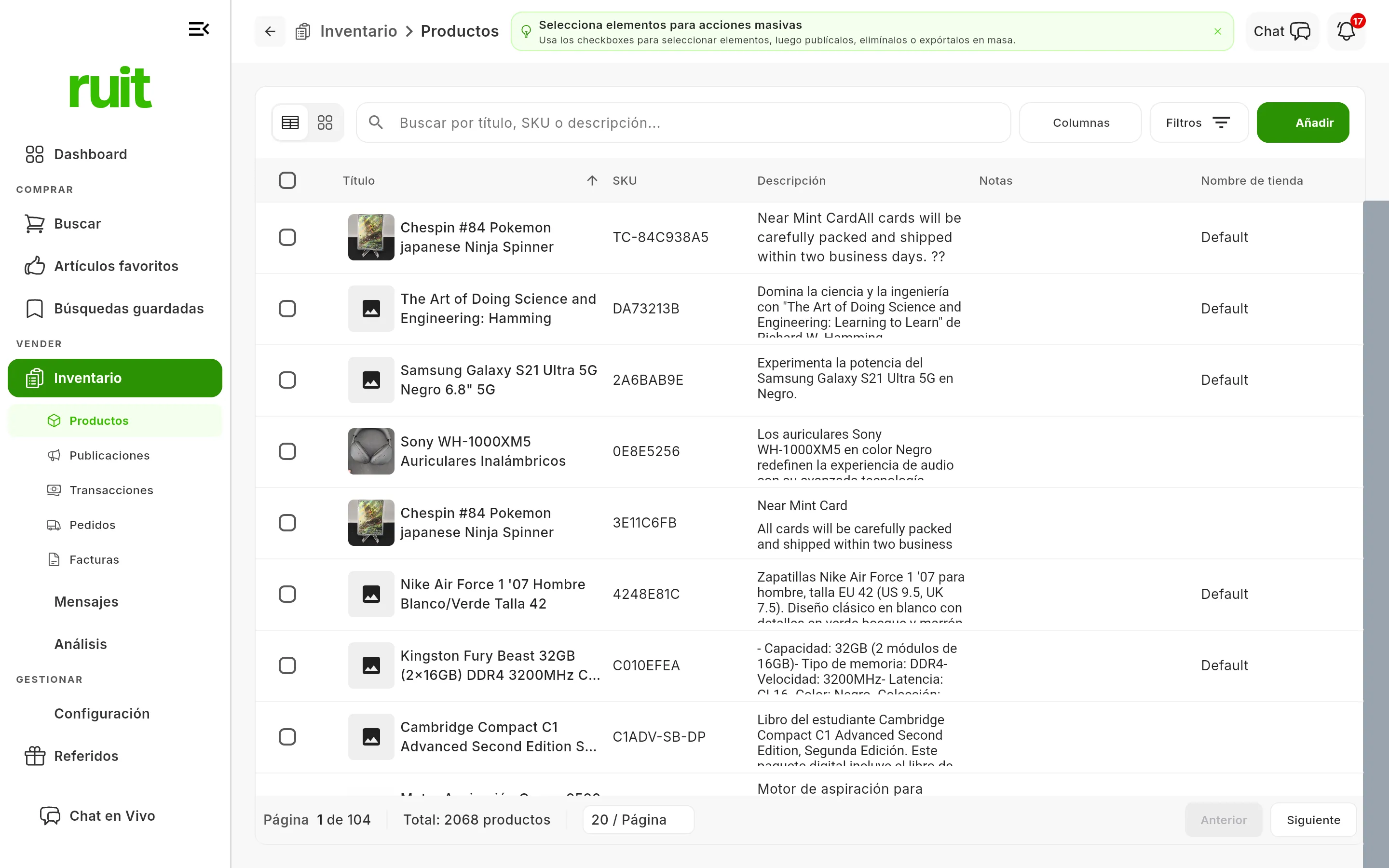 La tabla de productos del inventario, con una fila por producto y las columnas Título, SKU, Descripción, Notas y Nombre de tienda; arriba el buscador con los botones Columnas, Filtros y Añadir, y abajo el total de productos con el paginador.