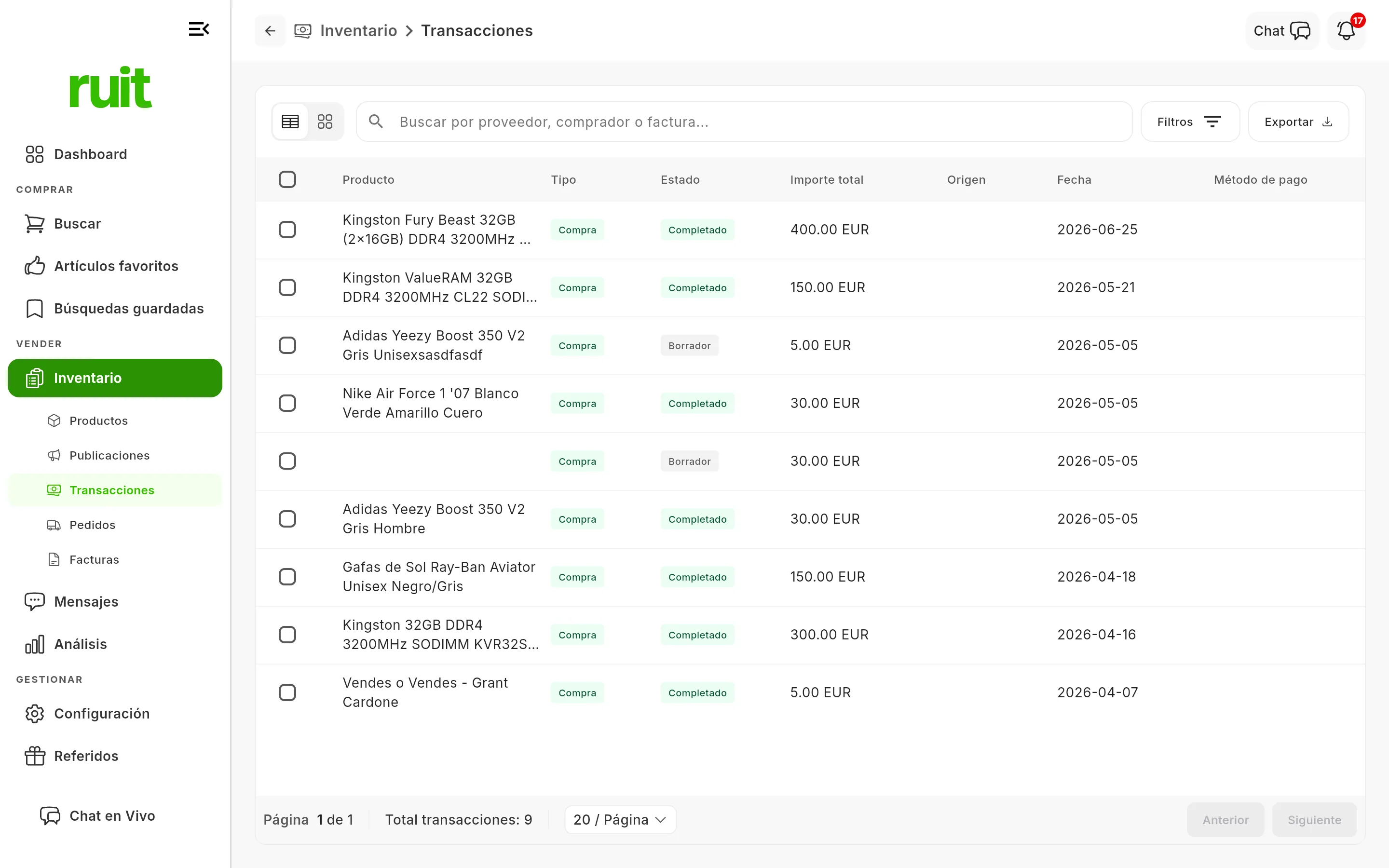La tabla de transacciones con una fila por apunte: el producto, si es compra o venta, en qué estado está, el importe total, el origen, la fecha y el método de pago.