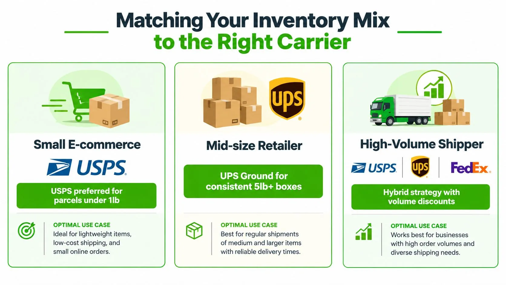 A graphic explaining how to choose the right shipping carrier based on business size and inventory type.