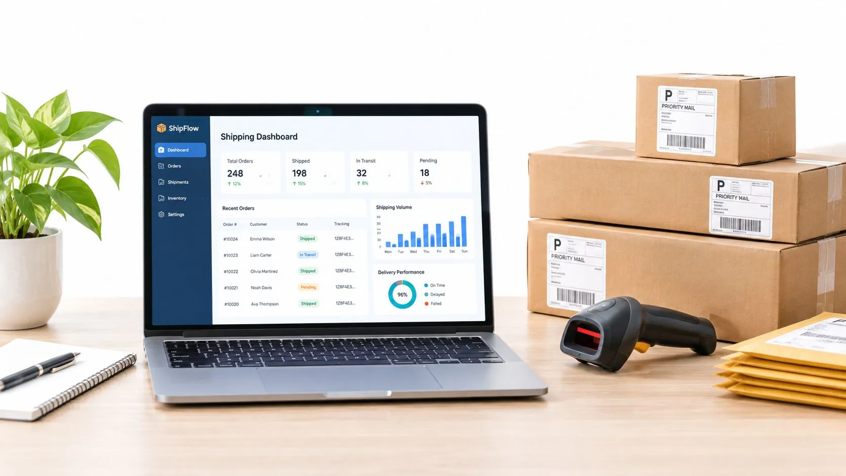 A modern laptop displaying a shipping dashboard next to cardboard packages and a barcode scanner on a desk.
