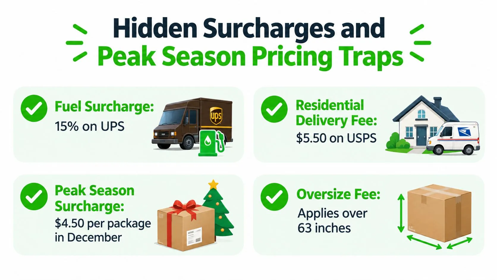 An infographic detailing hidden shipping surcharges and peak season pricing traps for major delivery carriers.