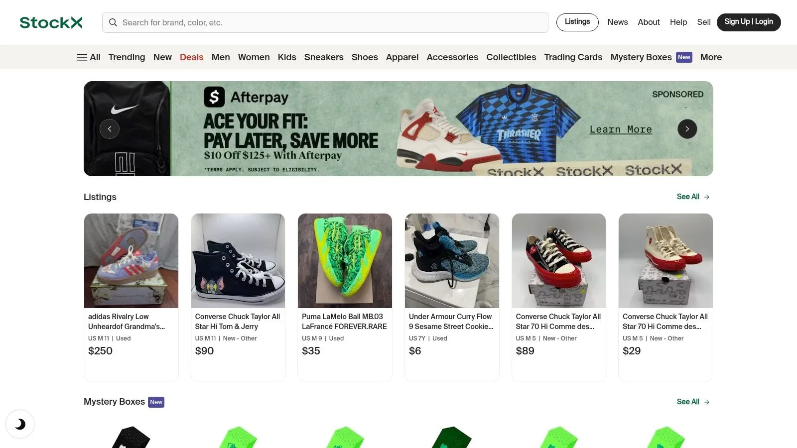 A sneaker marketplace listing page showing sale prices and size availability for a single release