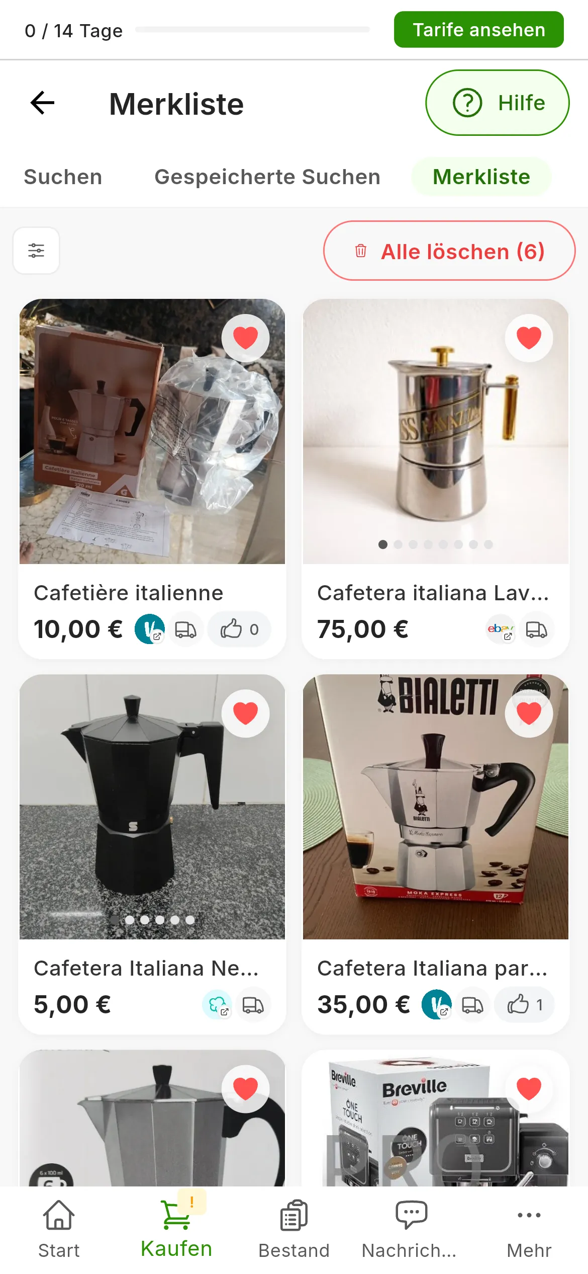 Der Bildschirm Merkliste mit sechs Espressokannen, jede mit markiertem Herz, und oben Filter und Alle löschen