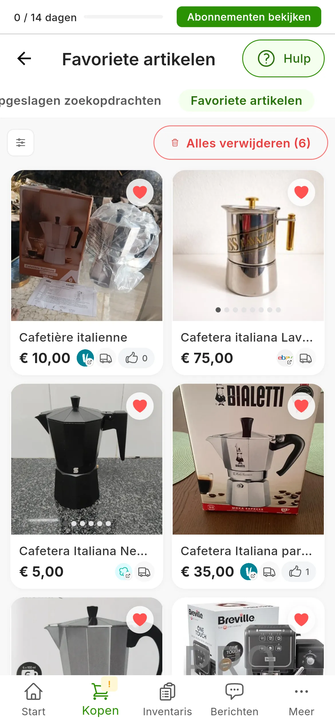 Het scherm Favoriete artikelen met zes percolators, elk met een gevuld hartje, en bovenaan Filters en Alles verwijderen