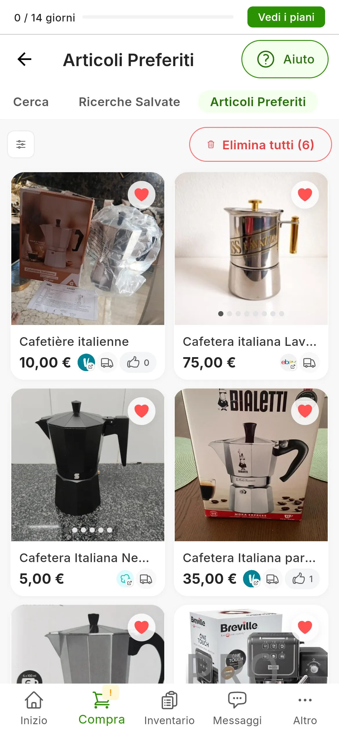 La schermata Articoli Preferiti con sei caffettiere, ognuna con il cuore attivo, e in alto Filtri ed Elimina tutti