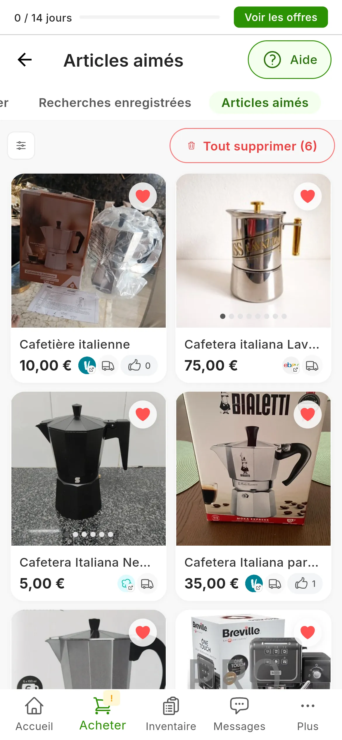 L'écran Articles aimés avec six cafetières, chacune avec son cœur activé, et en haut Filtres et Tout supprimer