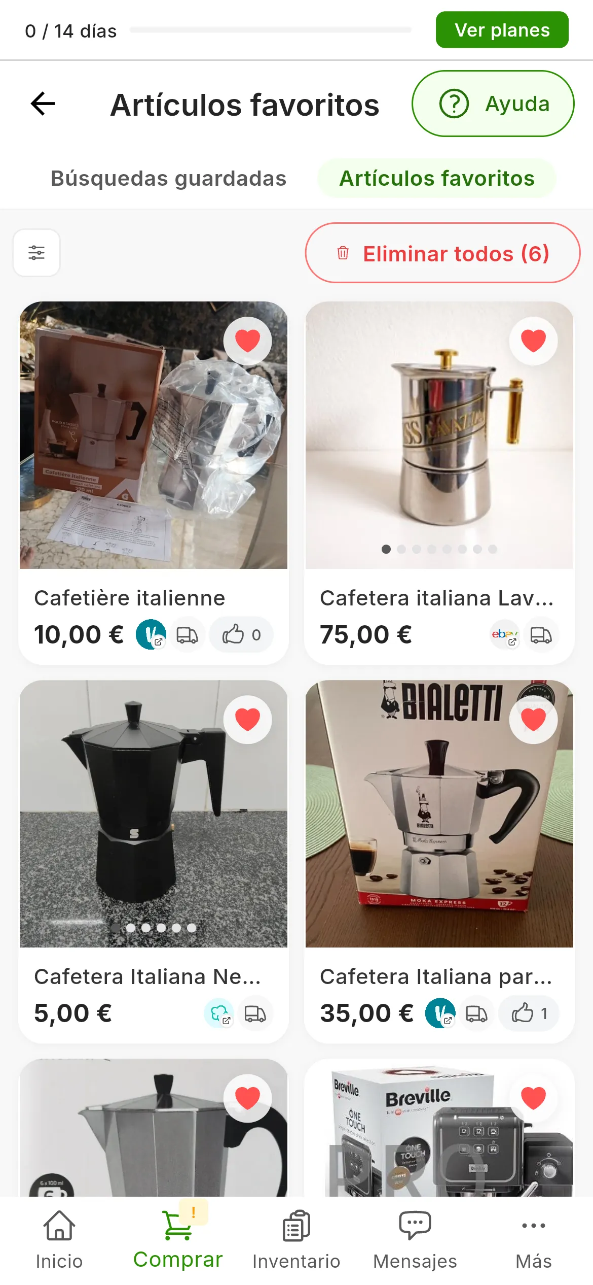 La pantalla Artículos favoritos con seis cafeteras, cada una con el corazón marcado, y arriba Filtros y Eliminar todos