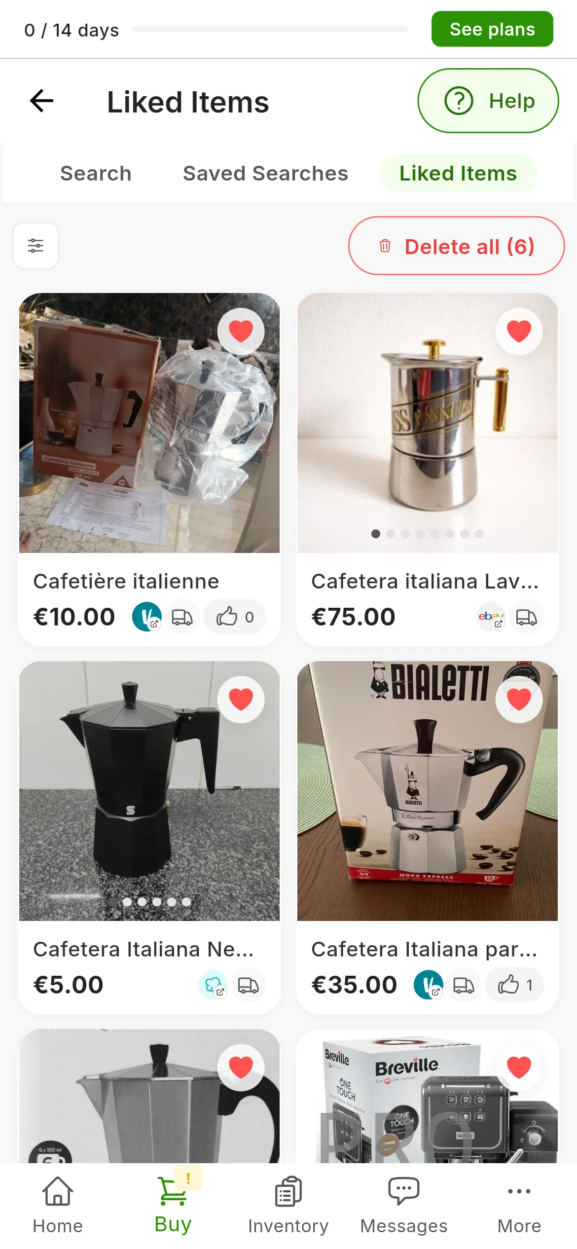 The Liked Items screen with six coffee makers, each with its heart filled in, and at the top Filters and Delete all