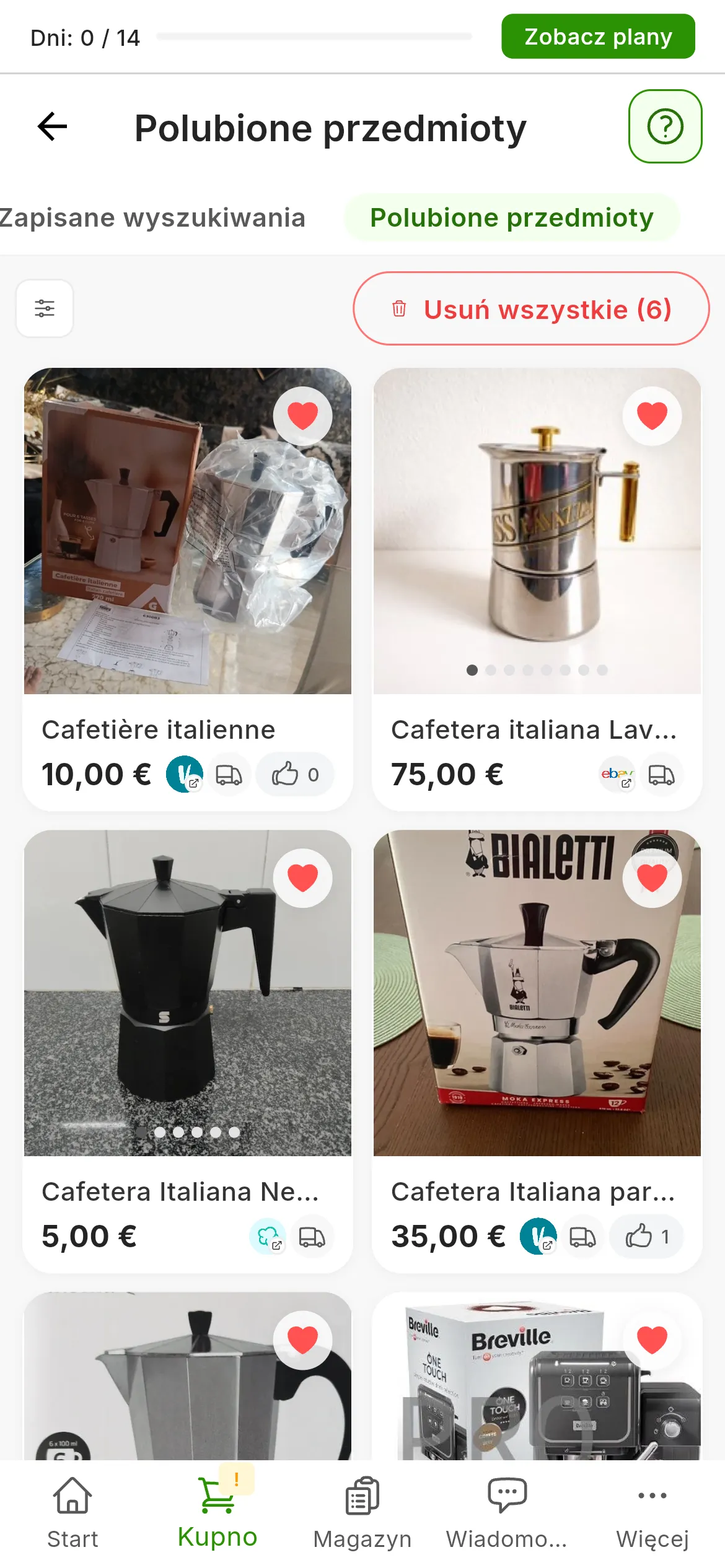 Ekran Polubione przedmioty z sześcioma kawiarkami, każda z zaznaczonym serduszkiem, a u góry Filtry i Usuń wszystkie