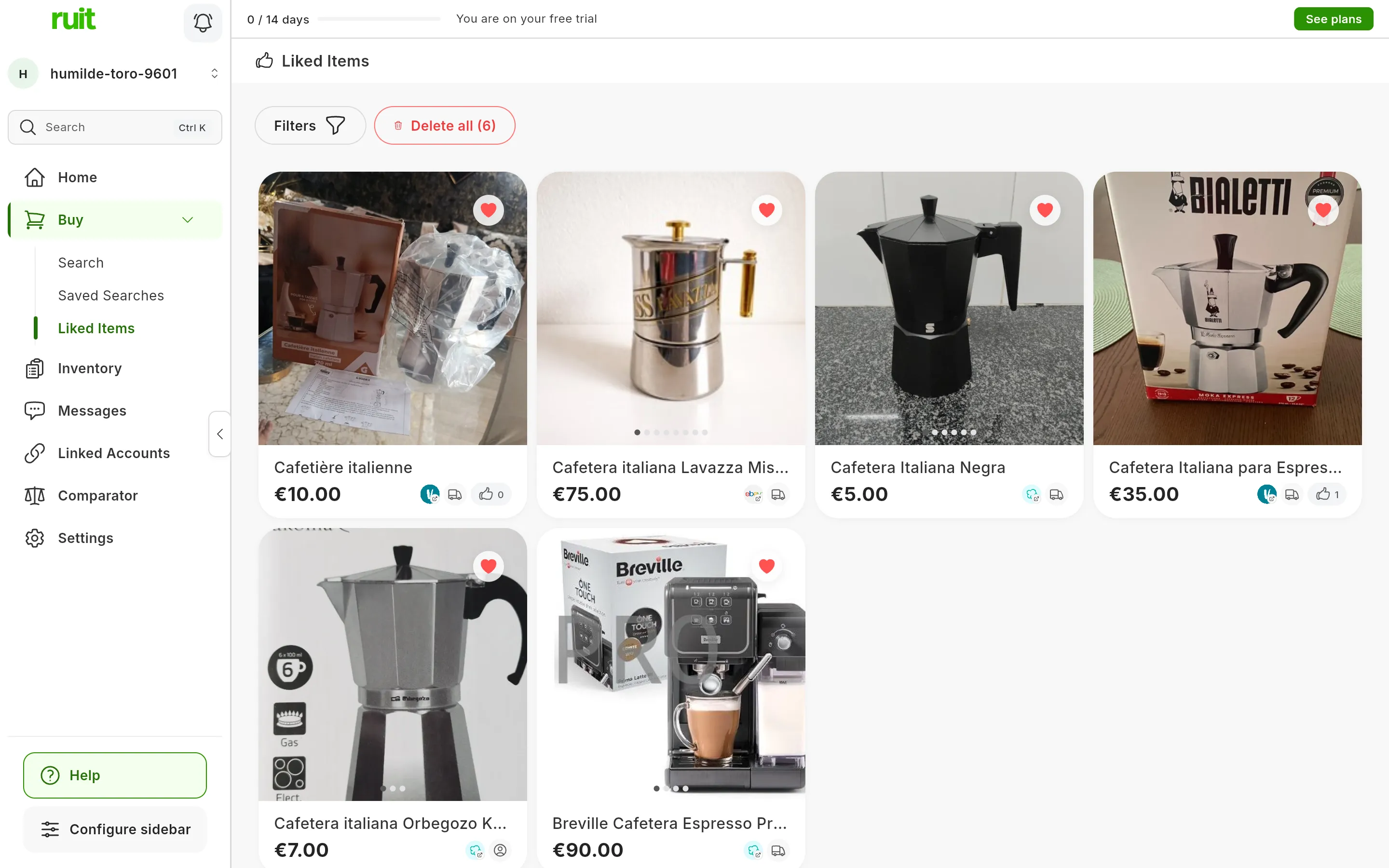 The Liked Items screen with six coffee makers, each with its heart filled in, and at the top Filters and Delete all