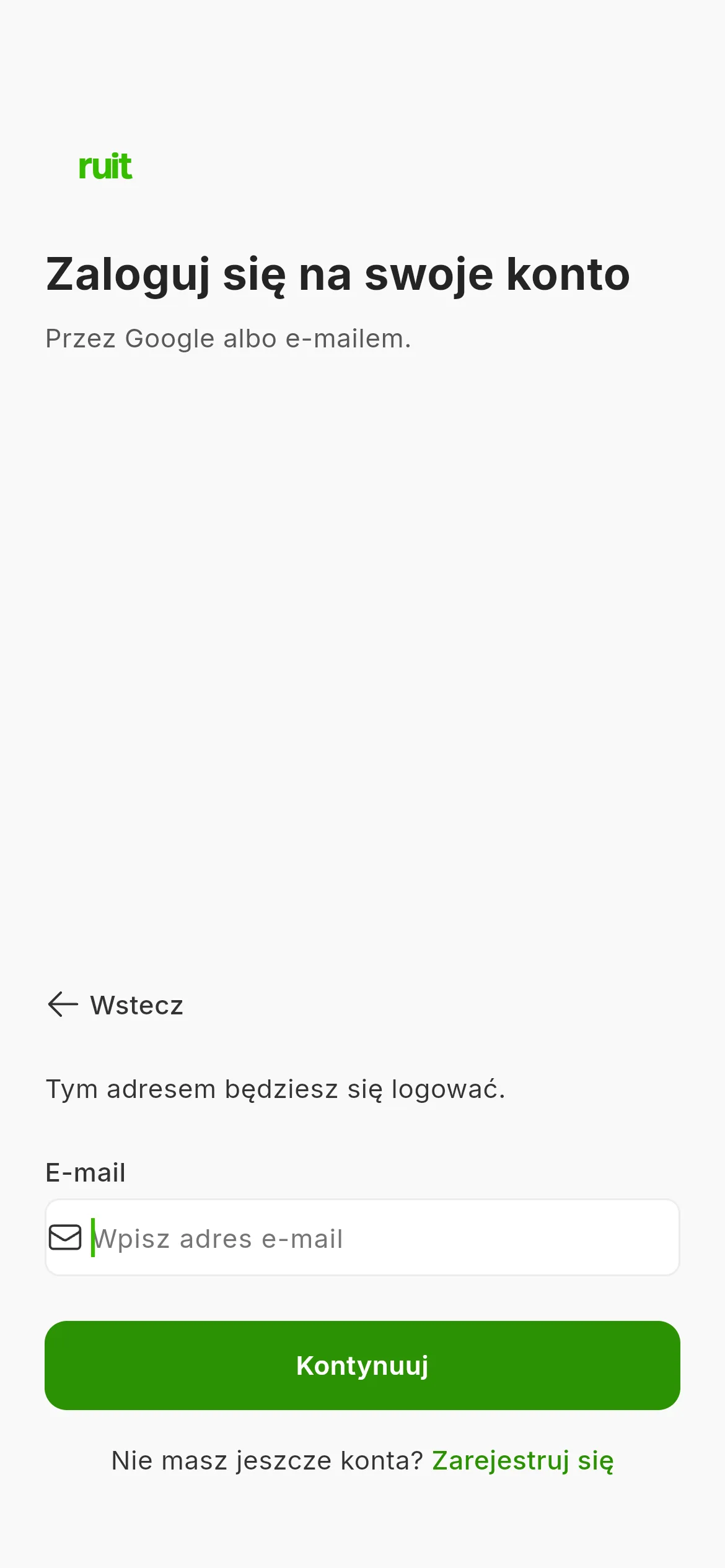 Krok z adresem przy logowaniu: jedno pole na adres, tekst przypominający, że to adres, którym się zalogujesz, i zielony przycisk kontynuowania poniżej.