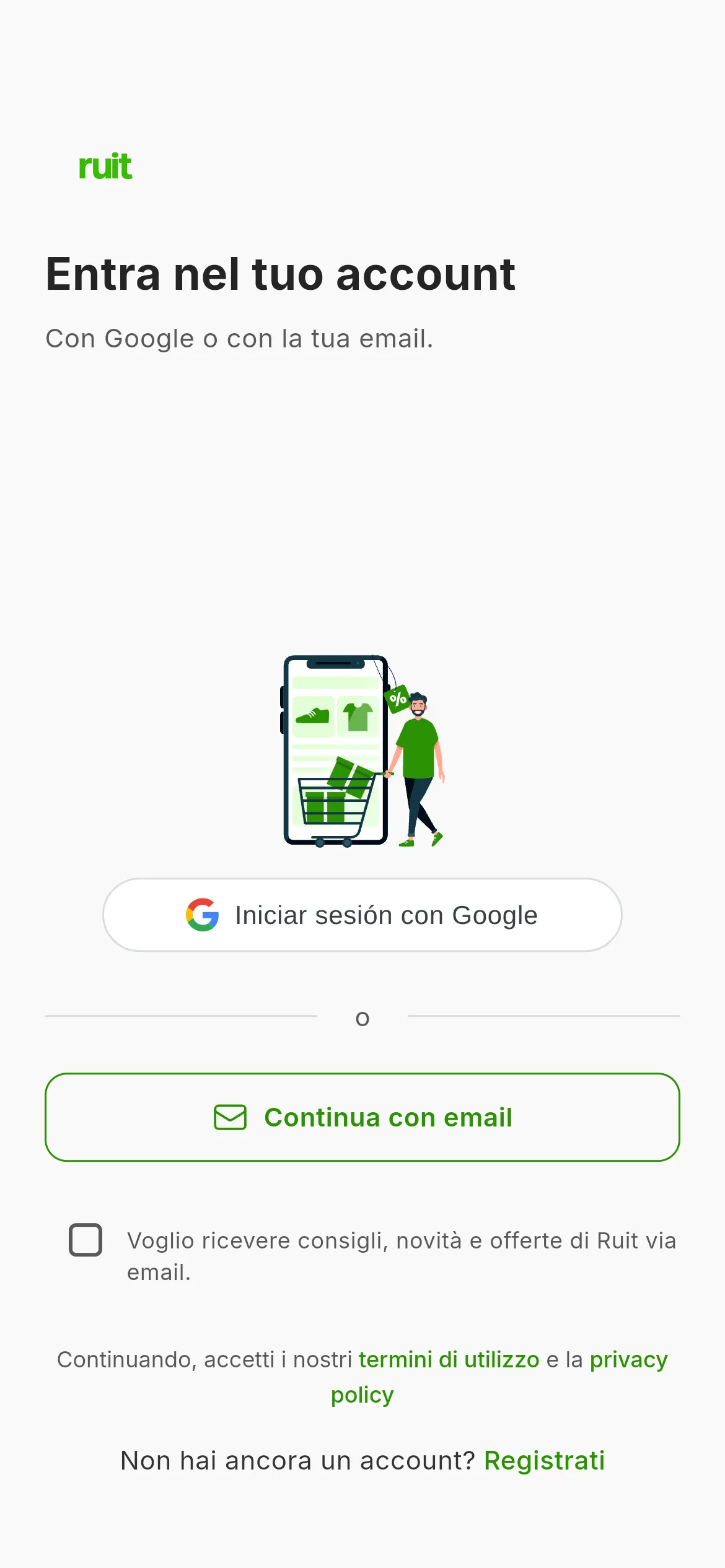Schermata di accesso di RUIT: il pulsante per accedere con Google e quello per continuare con un'email, con l'avviso sulle condizioni sotto.